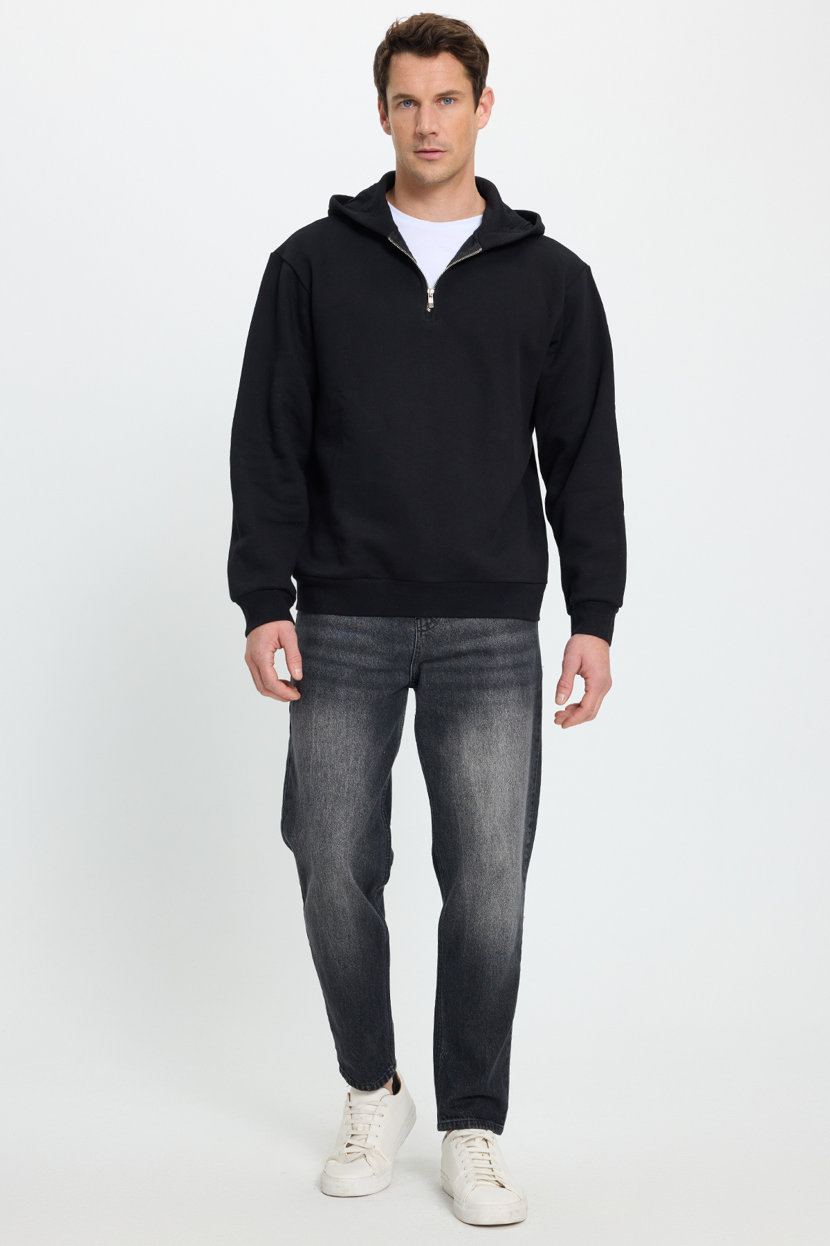 Tudors  Unisex Relax Fit Rahat Kesim Pamuklu İçi Polarlı Yarım Fermuarlı Siyah Kapüşonlu Sweatshirt - Görsel 8