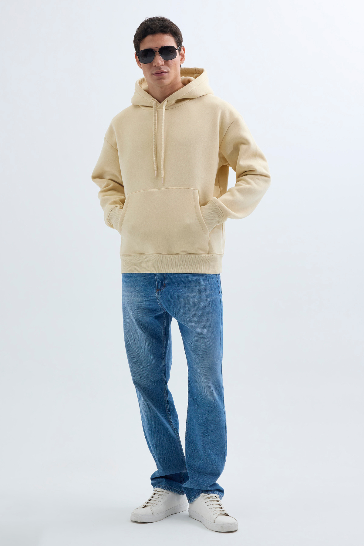 Tudors  Unisex Oversize Geniş Kesim Pamuklu Yumuşak Dokulu İçi Polarlı Basic Bej Kapüşonlu Sweatshirt - Görsel 5