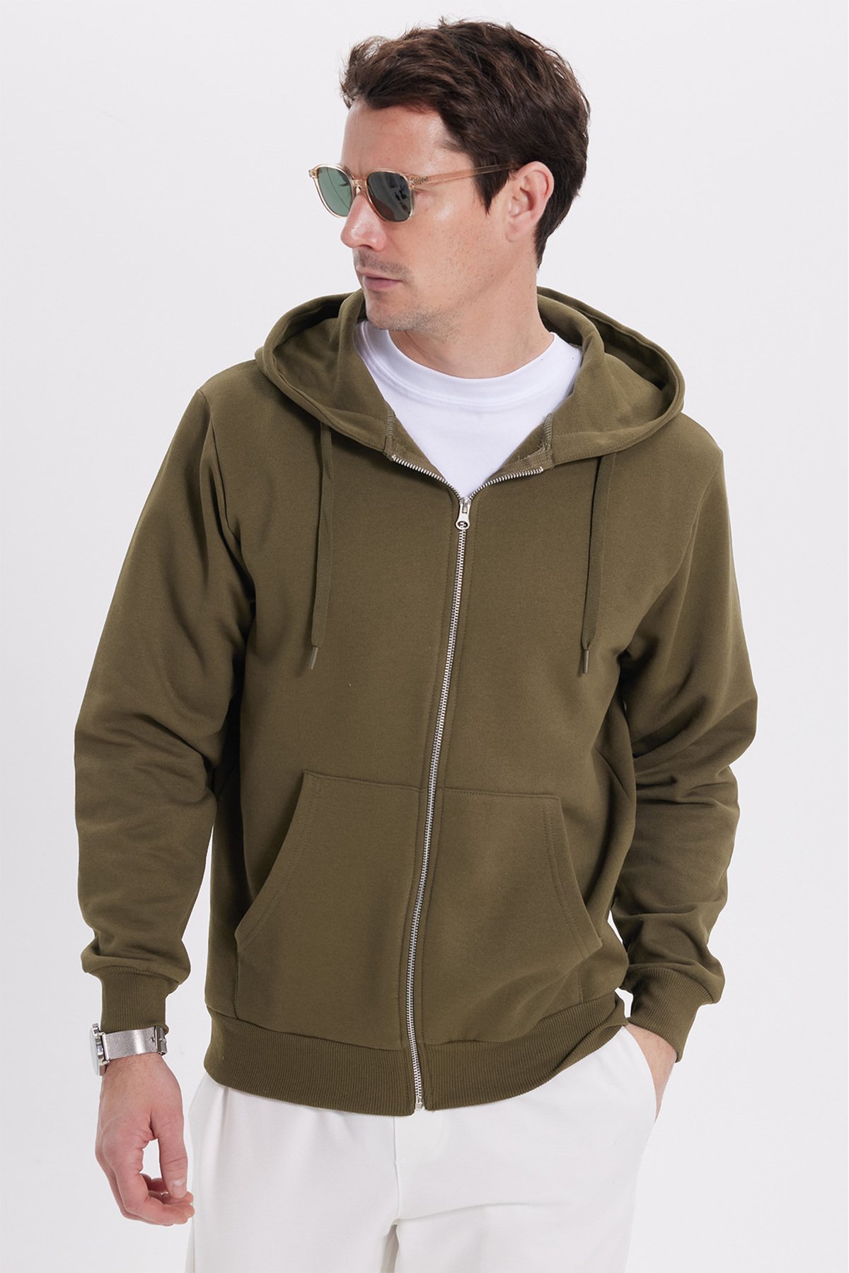 Tudors  Unisex Relax Fit Rahat Kesim Pamuklu İçi Polarlı Çift Cepli Tam Fermuarlı Haki Kapüşonlu Sweat - Görsel 6