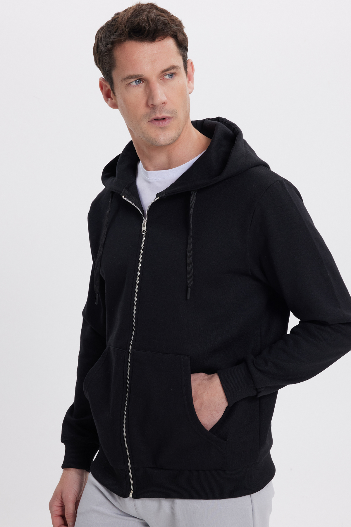 Tudors Unisex Relax Fit Rahat Kesim Pamuklu İçi Polarlı Çift Cepli Tam Fermuarlı Siyah Kapüşonlu Sweatshirt görsel 2