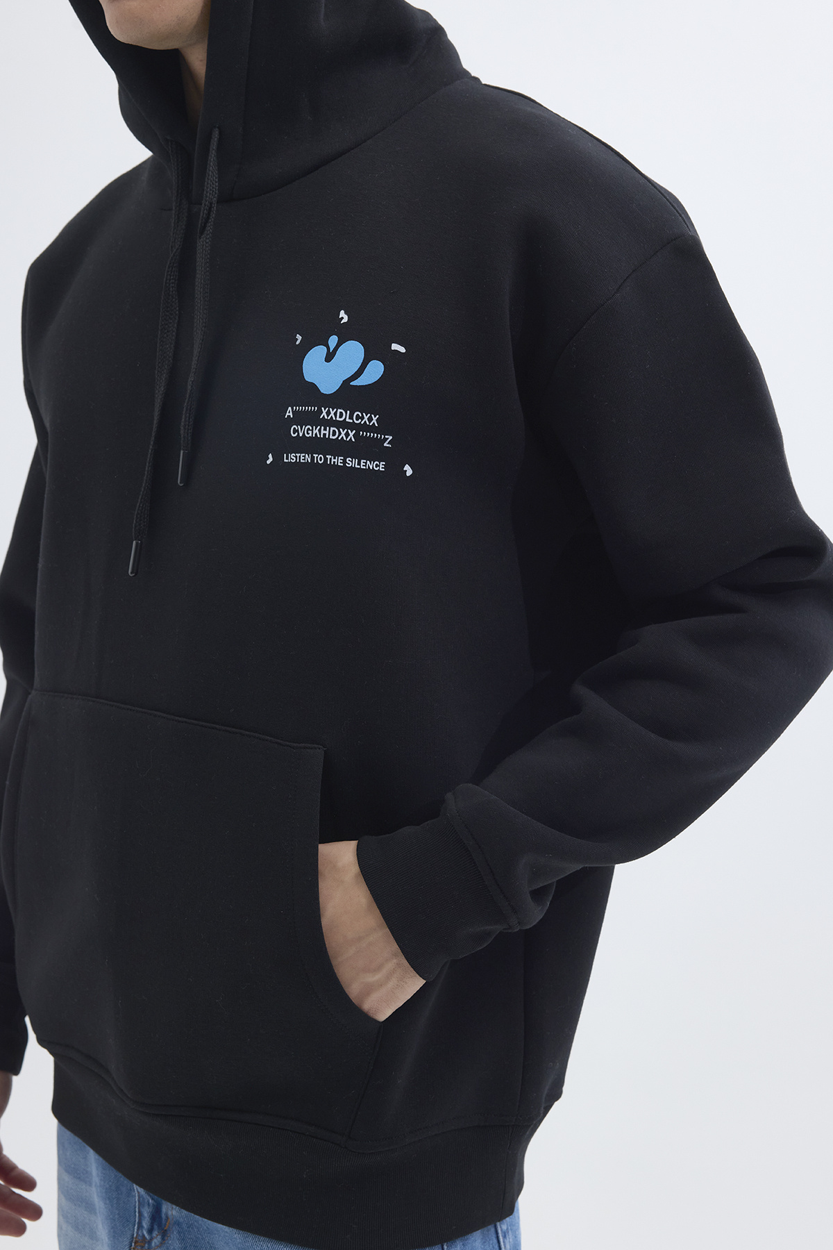 Tudors  Unisex Oversize Geniş Kesim Pamuklu Yumuşak Dokulu İçi Polarlı Baskılı Siyah Kapüşonlu Sweatshirt - Görsel 4