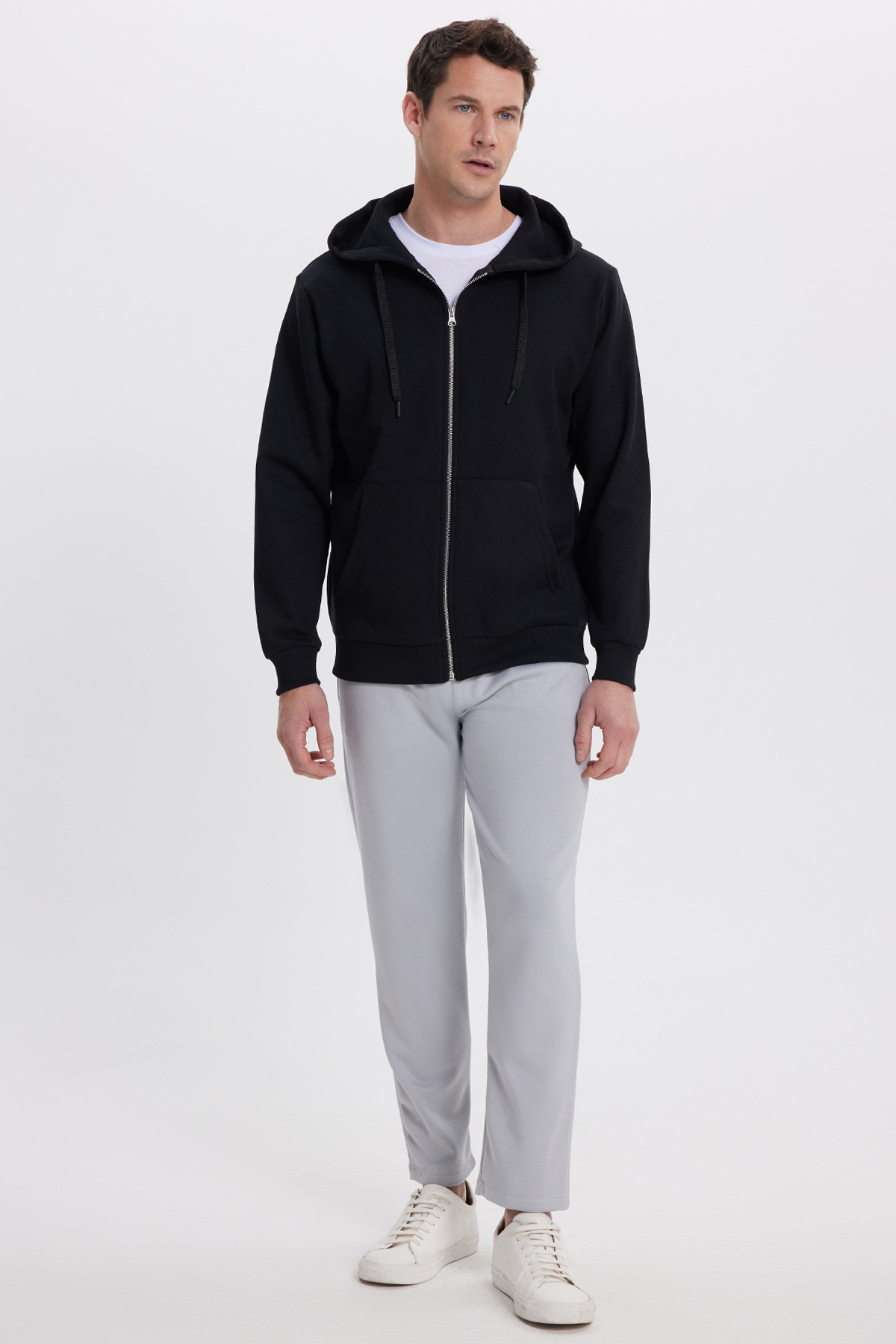 Tudors Unisex Relax Fit Rahat Kesim Pamuklu İçi Polarlı Çift Cepli Tam Fermuarlı Siyah Kapüşonlu Sweatshirt görsel 4