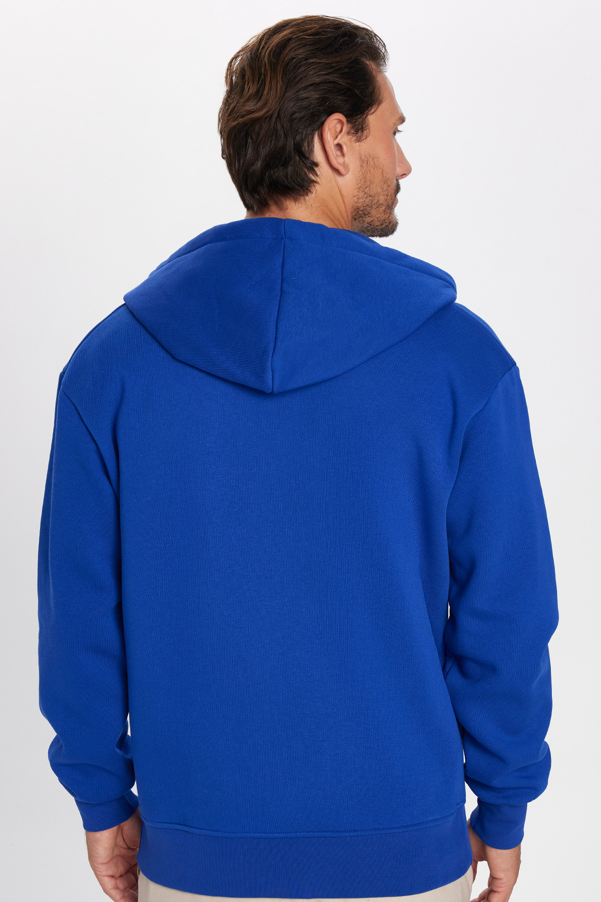 Unisex Relax Fit Rahat Kesim Pamuklu İçi Polarlı Çift Cepli Fermuarlı Sax Mavi Kapüşonlu Sweatshirt — سرمه‌ای SW240013 — تصویر 5 از 6