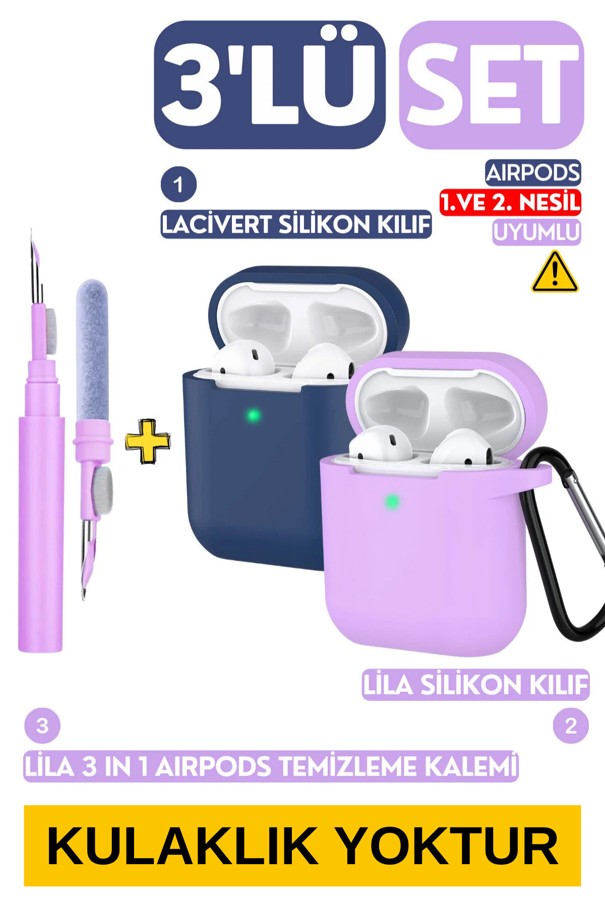 Set of 3 1st and 2nd Generation Compatible Navy Blue and Lilac Silicone Case, Lilac 3 in 1 Headset Cleaning Pen