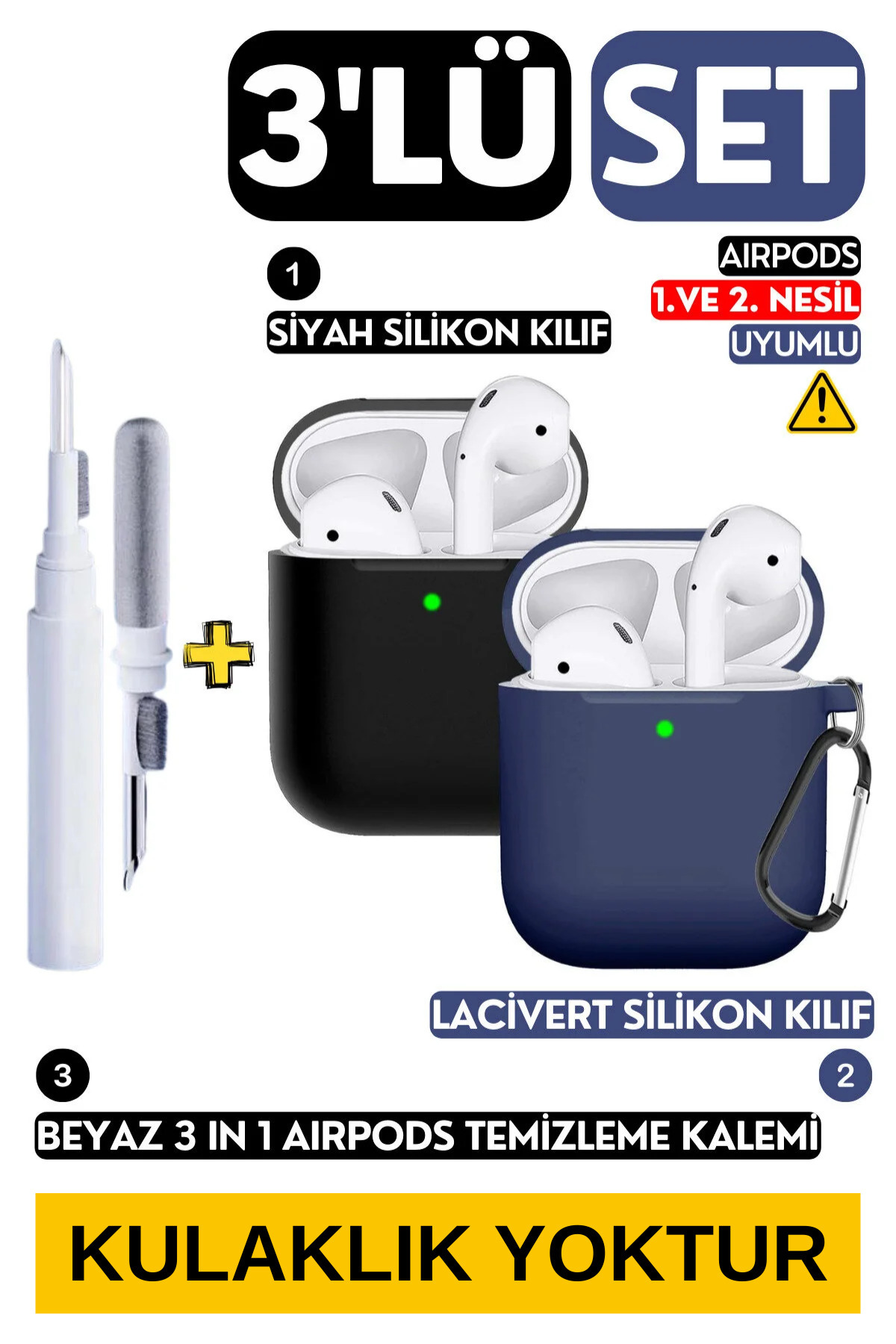 3-Piece Set 1st and 2nd Generation Compatible Black and Navy Blue Silicone Case, White 3 in 1 Headset Cleaning Pen