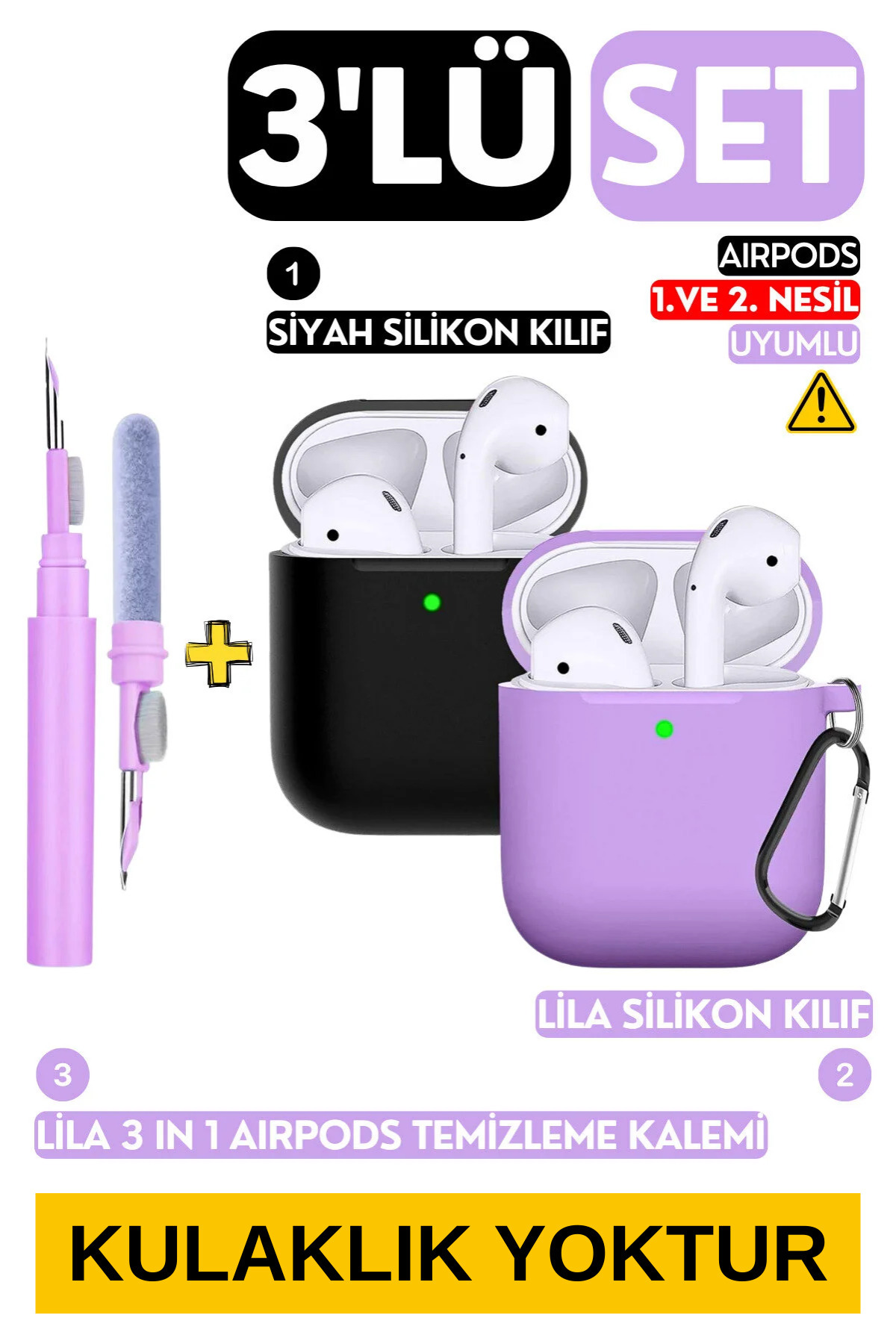 Set of 3 1st and 2nd Generation Compatible Black and Lilac Silicone Case, Lilac 3 in 1 Headset Cleaning Pen