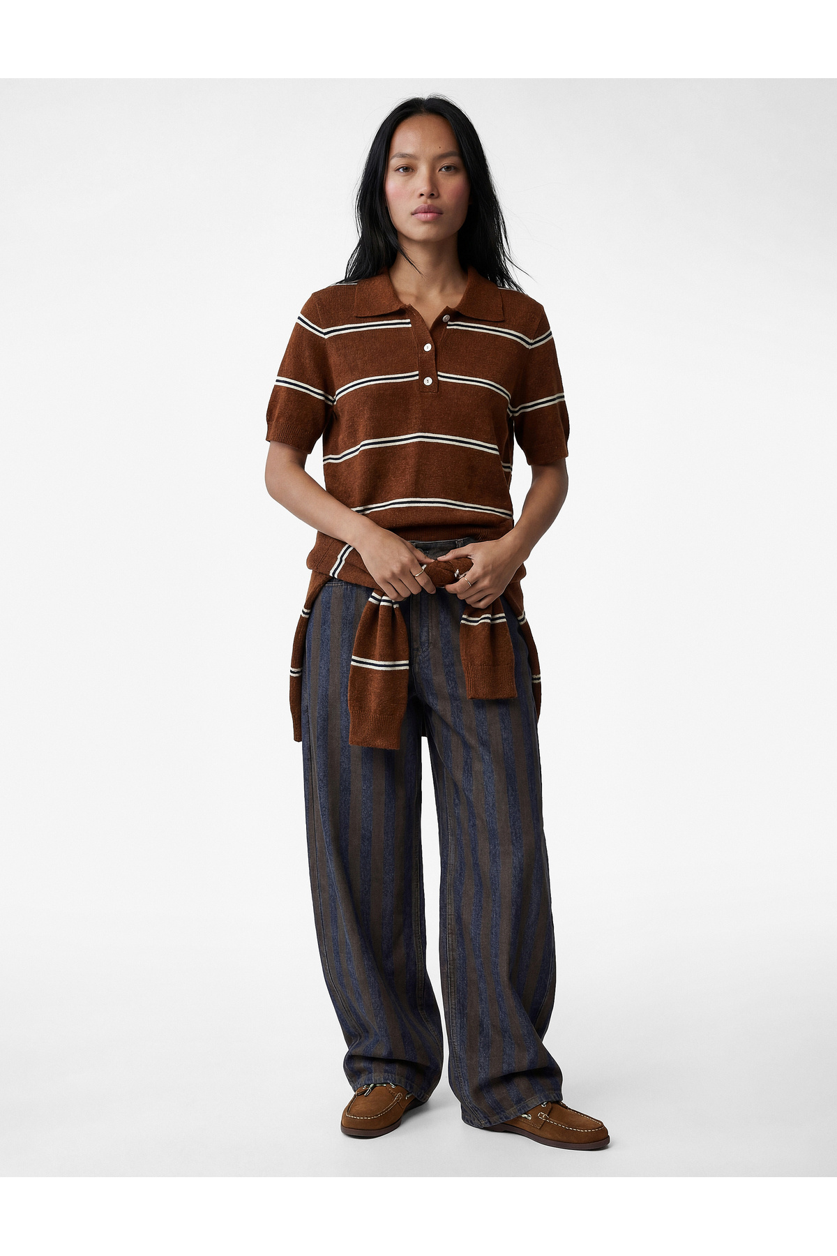 Koton  Kısa Kollu Polo Yaka Çizgili Şönil Kazak - Görsel 2