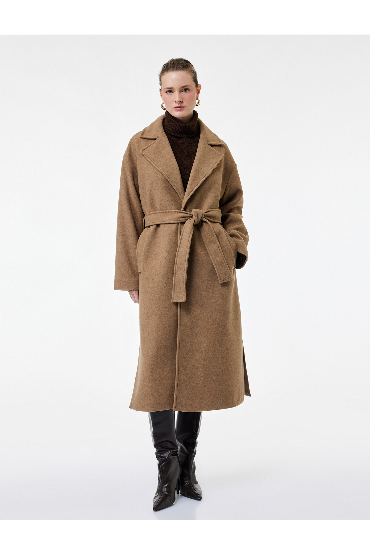 Koton  Kemerli Uzun Kaşe Kaban Cepli Uzun Kollu - Görsel 2