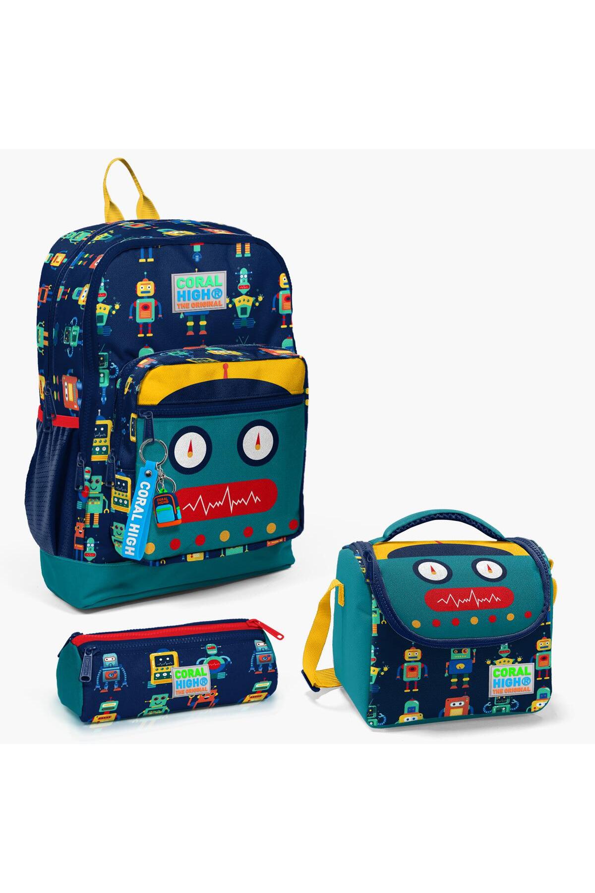 Kids 3-Piece School Bag Set with Navy Blue Indigo Robot Pattern SET0123472