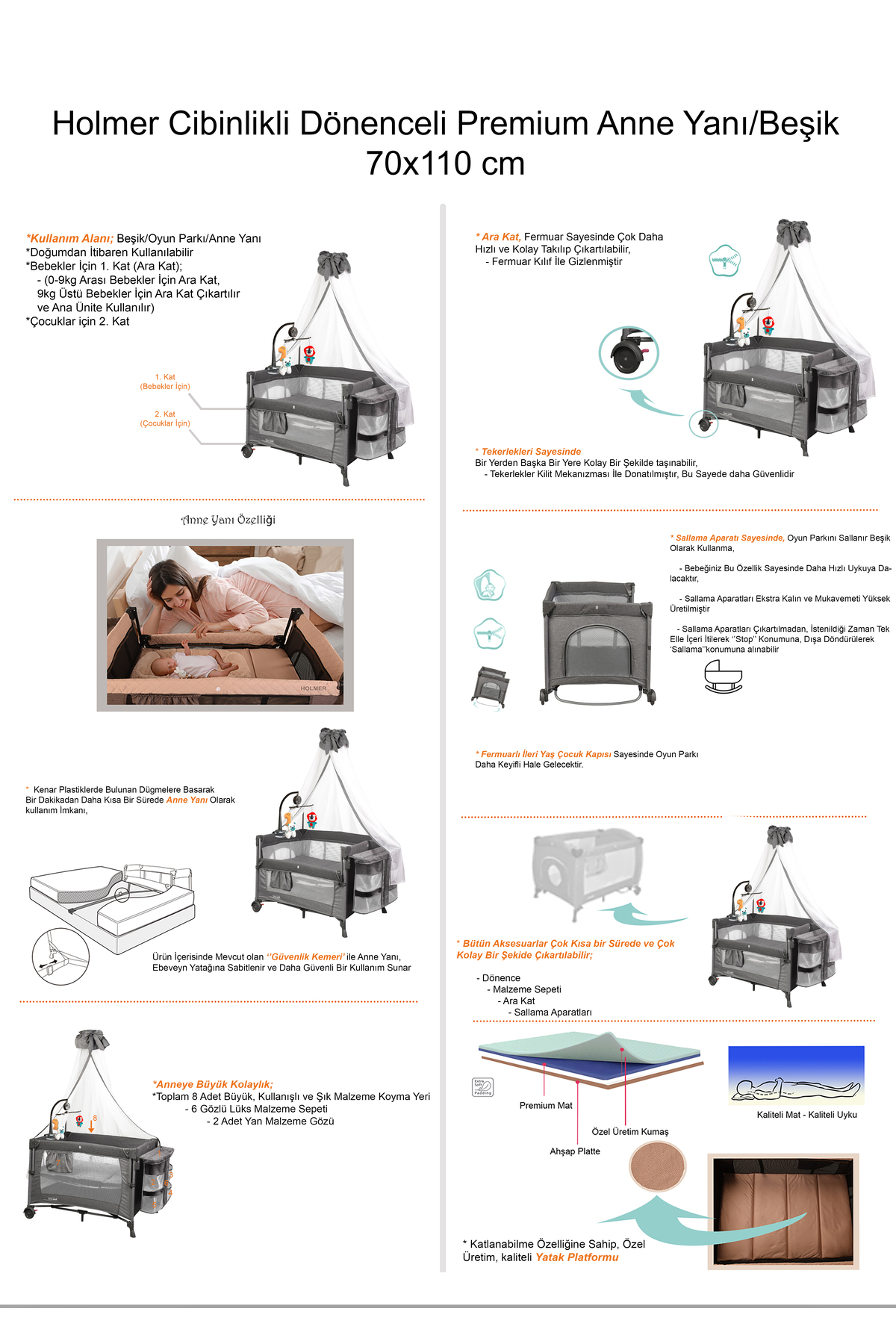Holmer (YATAK HEDİYELİ) Oyun Parkı/ Anne Yanı/Park Yatak Cibinlikli Dönenceli 70x110cm Koyu Gri fotoğrafı 5 (önizleme)