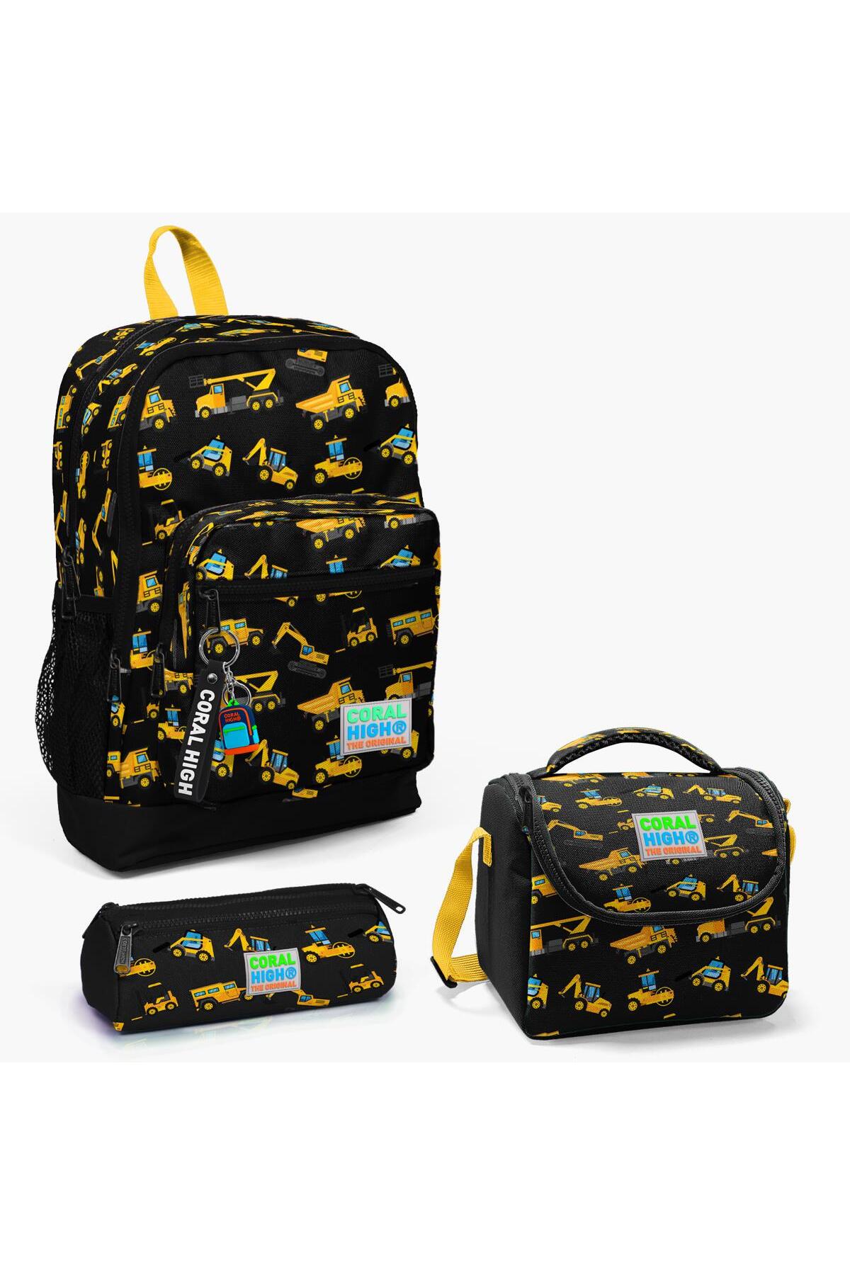 Kids Black Yellow Business Machine Patterned 3-Piece School Bag Set SET0123475