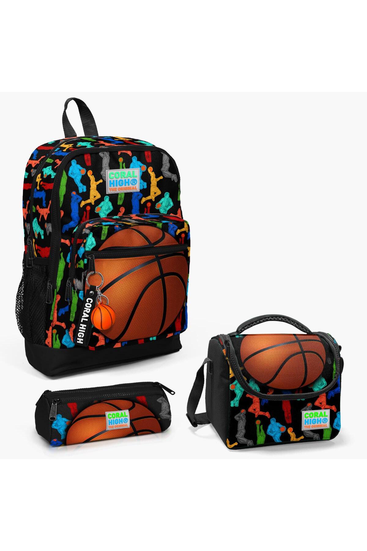 Kids Black Basketball Pattern 3-Piece School Bag Set SET0123471