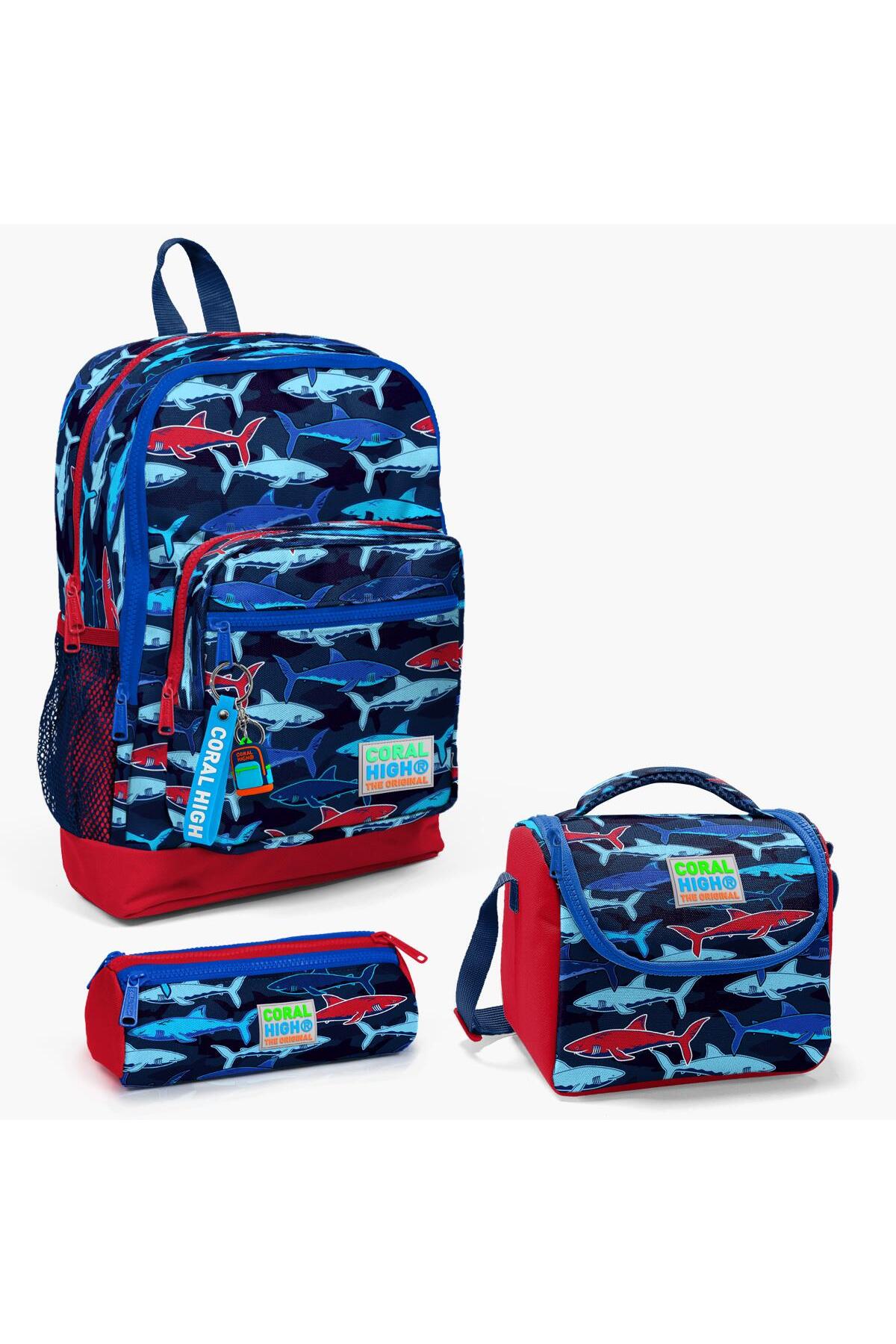 Kids Navy Blue Red Shark Pattern 3-Piece School Bag Set SET0123718