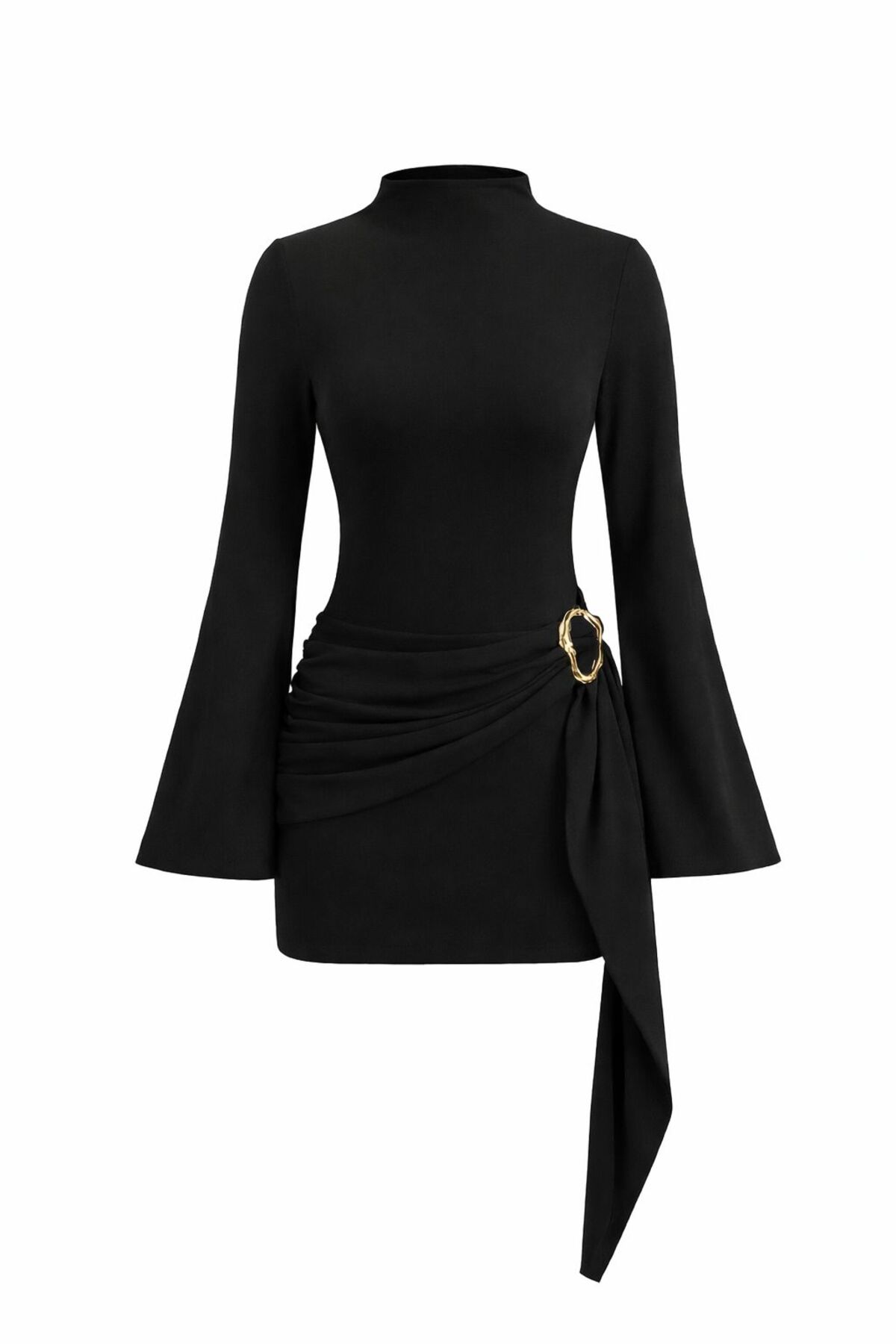 MYCPARL Rochie mini de designer pentru femei, neagră, cu guler înalt, cu deta...