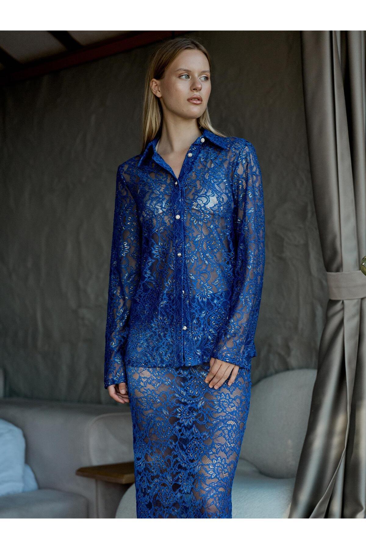 Juste  Varaklı Dantel Gömlek Saks - Görsel 6