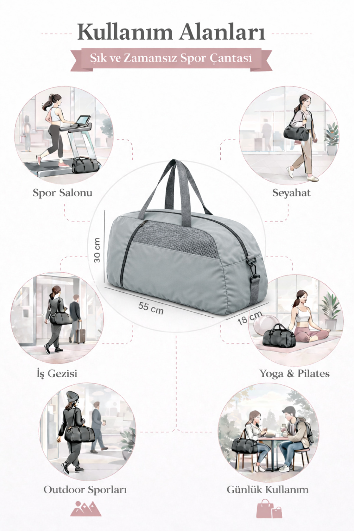 MUCCO  Kaff Büyük Gri Önü Cepli Ayarlanabilir Omuz Askılı El Seyahat Spor Çantası-0831 - Görsel 3