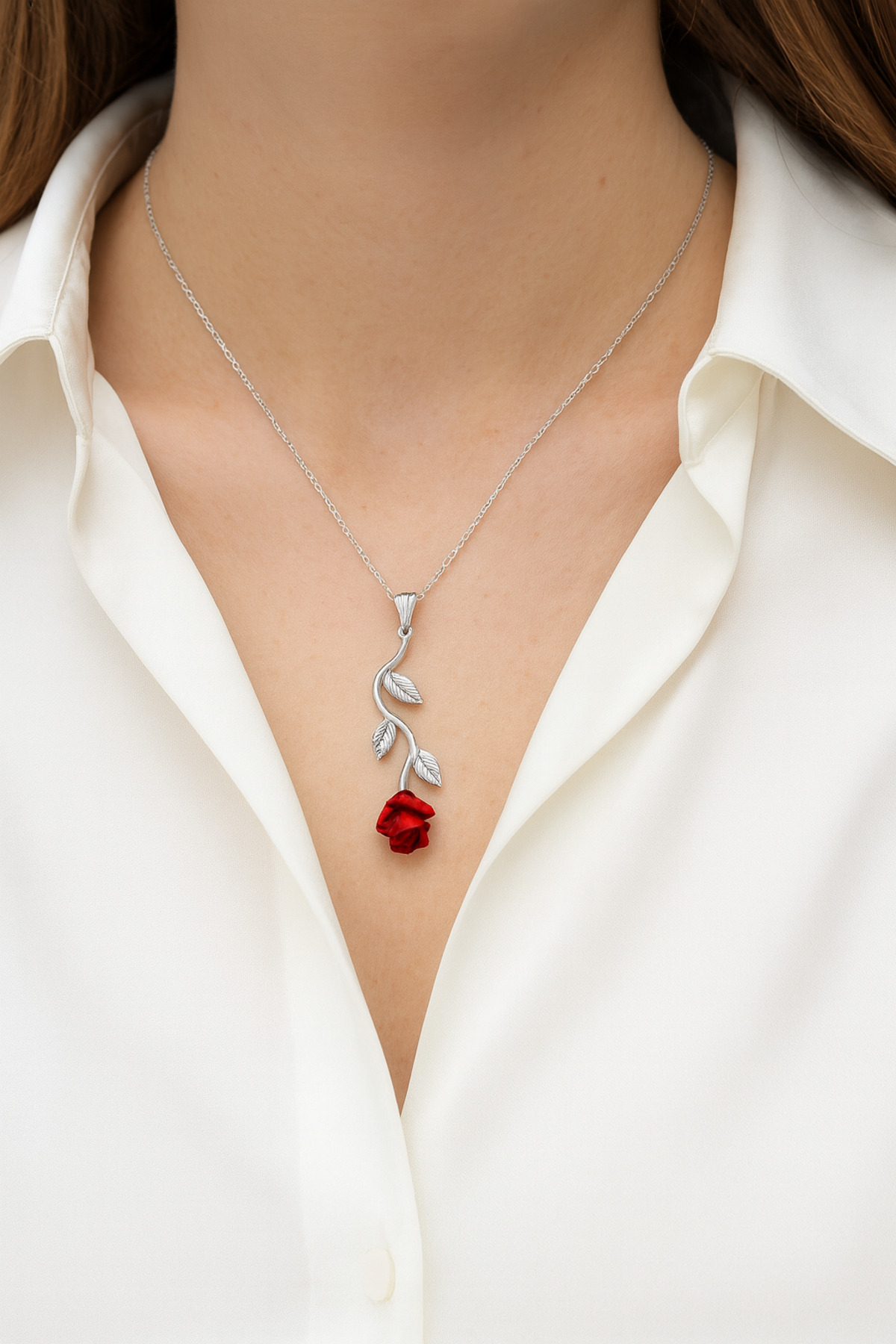 ÇEKİRDEK JEWELRY Işıklı Hediye Kutulu 925 Ayar Gümüş Rodyum Kaplama Ters Güllü Kolye görsel 7
