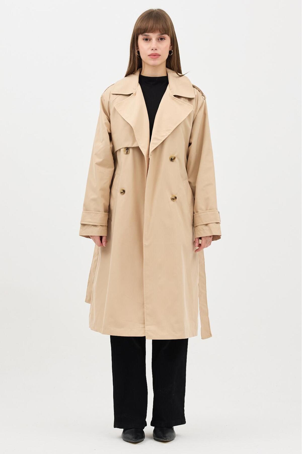 RESSHO Kadın Kemerli Uzun Trençkot, Su Geçirmez, Astarlı, Oversize Model görsel 2