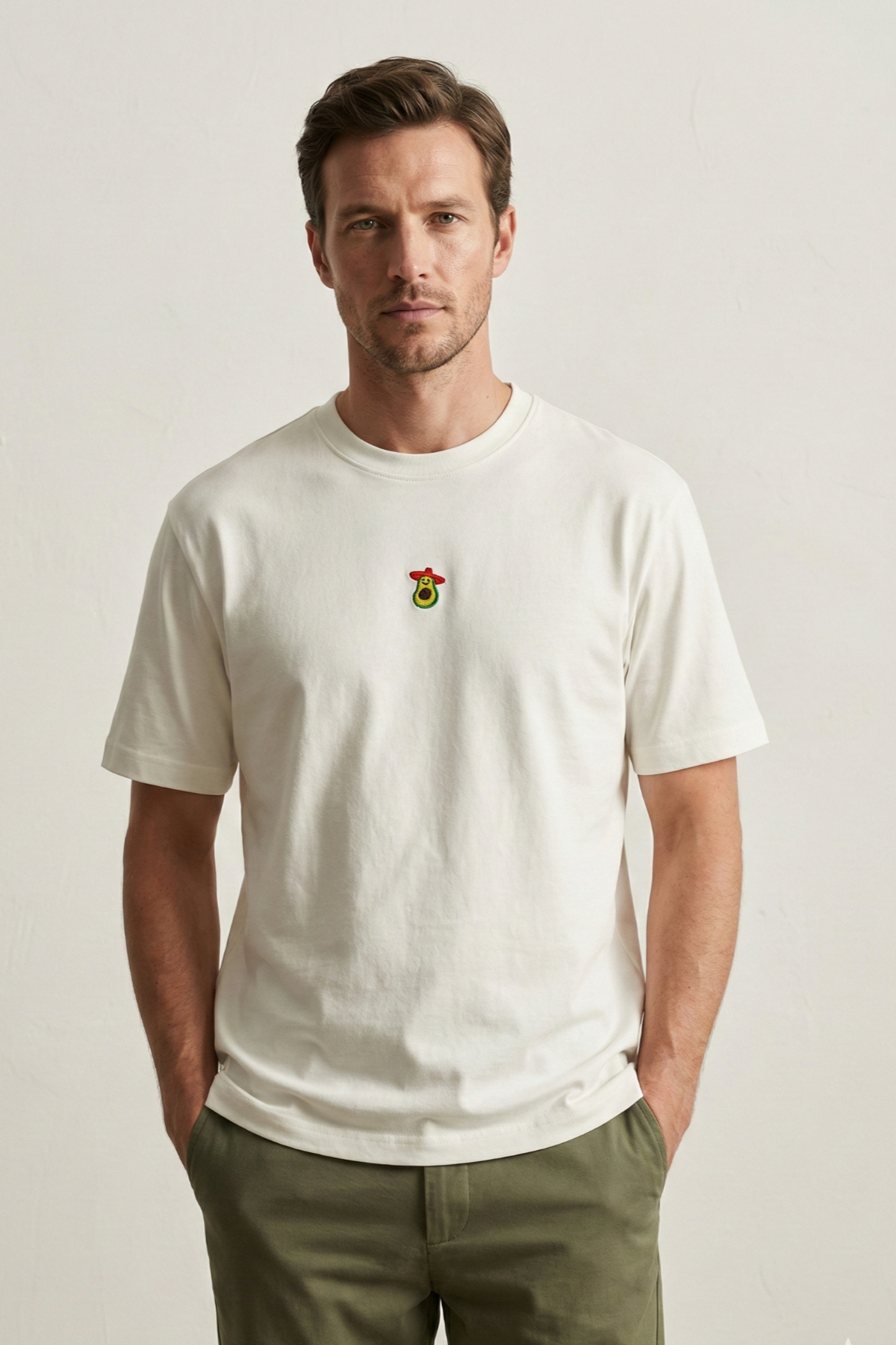 100% Cotton Compact Combed Cotton Single Jersey Ecru Avocado Embroidered Trend Fit Tok Fabric Men's T-Shirt Casual Cut