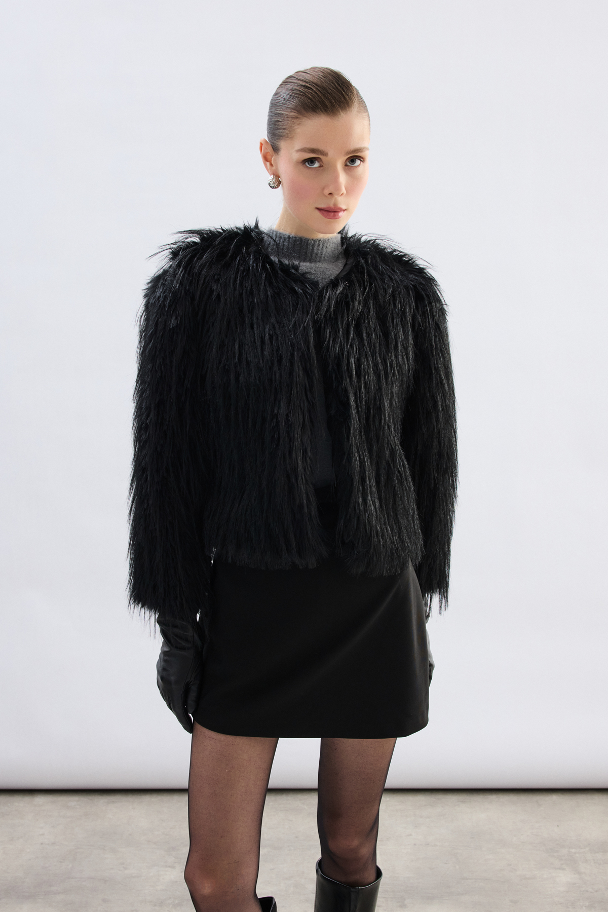 Sateen  Bisiklet Yaka Suni Kürk - Siyah - Görsel 6