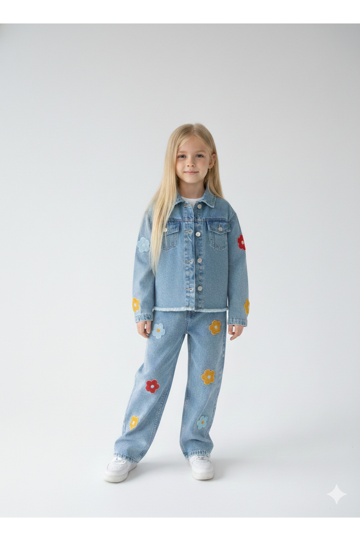 DoğaButikGiyim Girls' Flower-Detail Denim Jacket and Pants Set