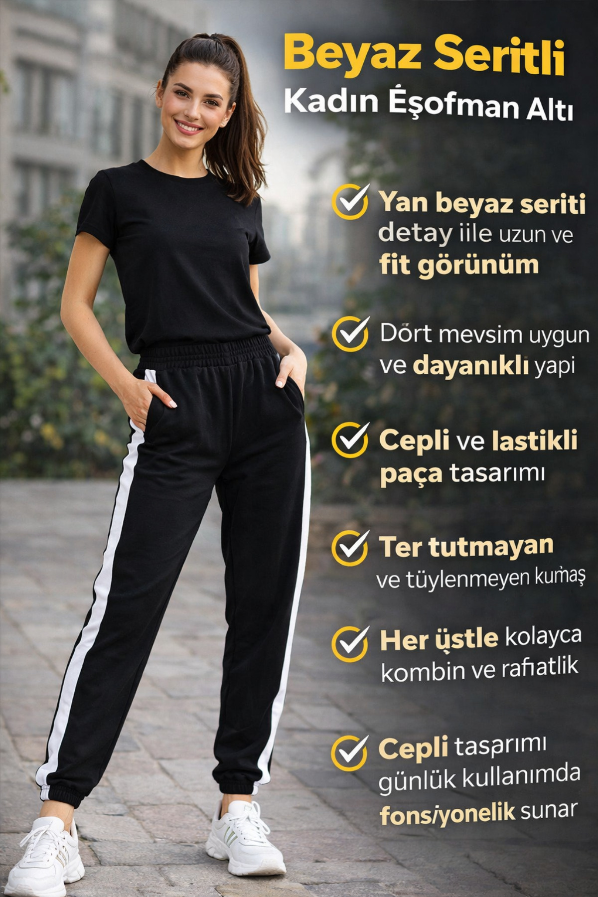 Kadın Günlük Pamuk Rahat Eşofman Altı Beyaz Şeritli Modern Tasarım