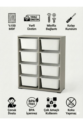 yabilmo %100 MDF Gövde Kolay Minifix Bağlantı 8 Çekmeceli Çok Amaçlı Oyuncak ...