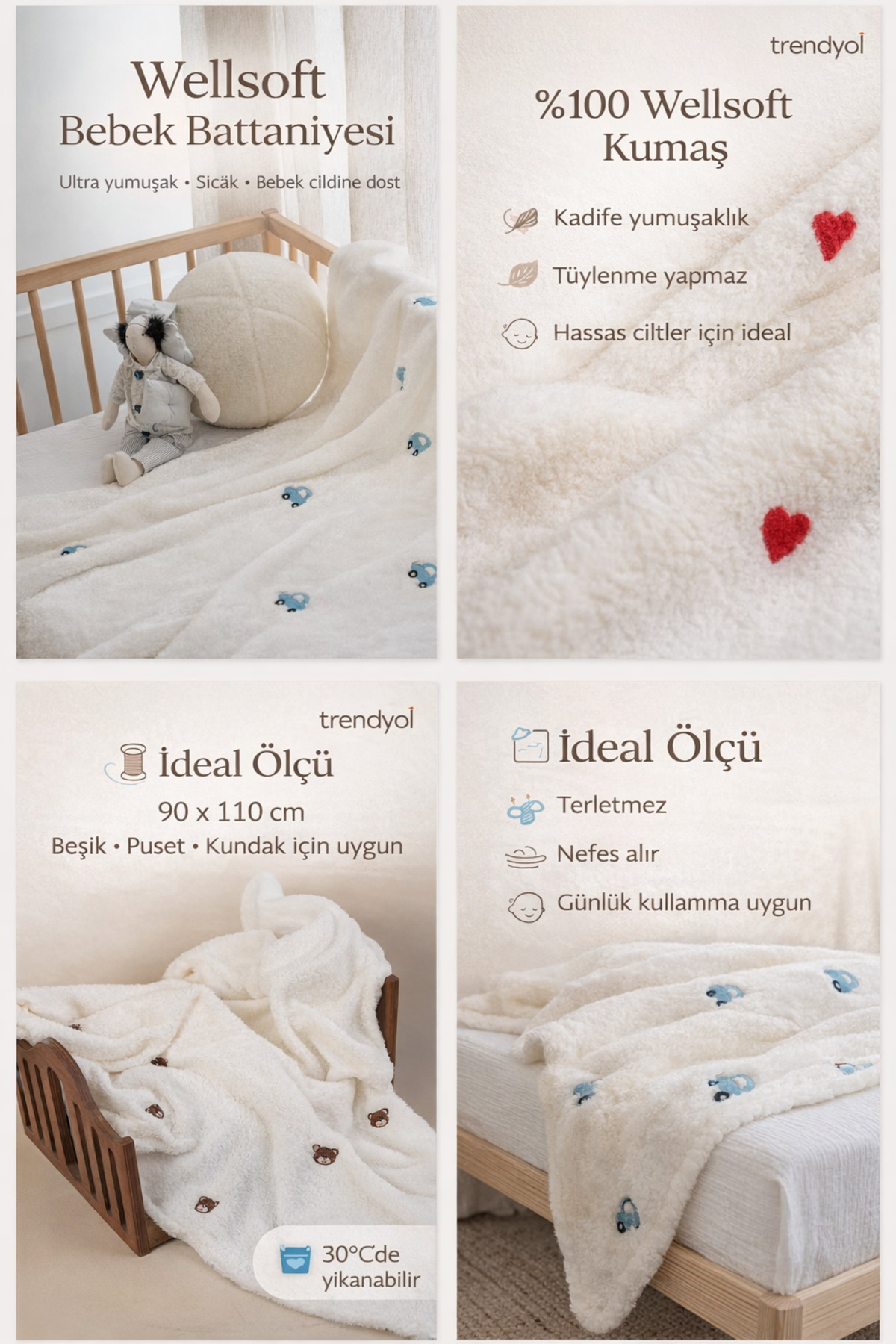 DensHaus Ayıcık Desenli Nakışlı Bebek Battaniyesi 90 X 110 Krem Wellsoft fotoğrafı 2 (önizleme)