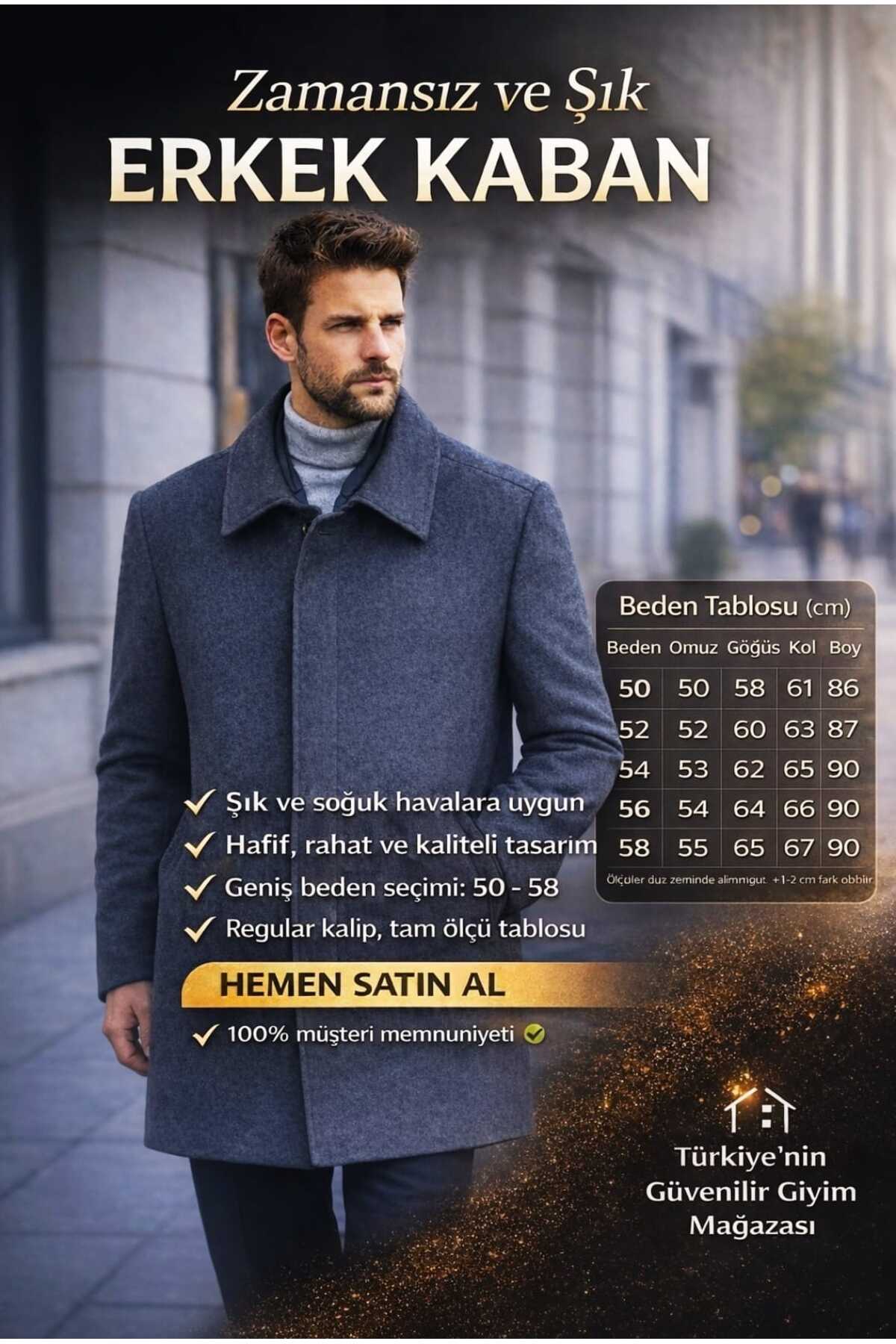 BYBEYEMS GİYİM  Gri Klasik Erkek Kışlık Kaşmir Kaban - Görsel 3