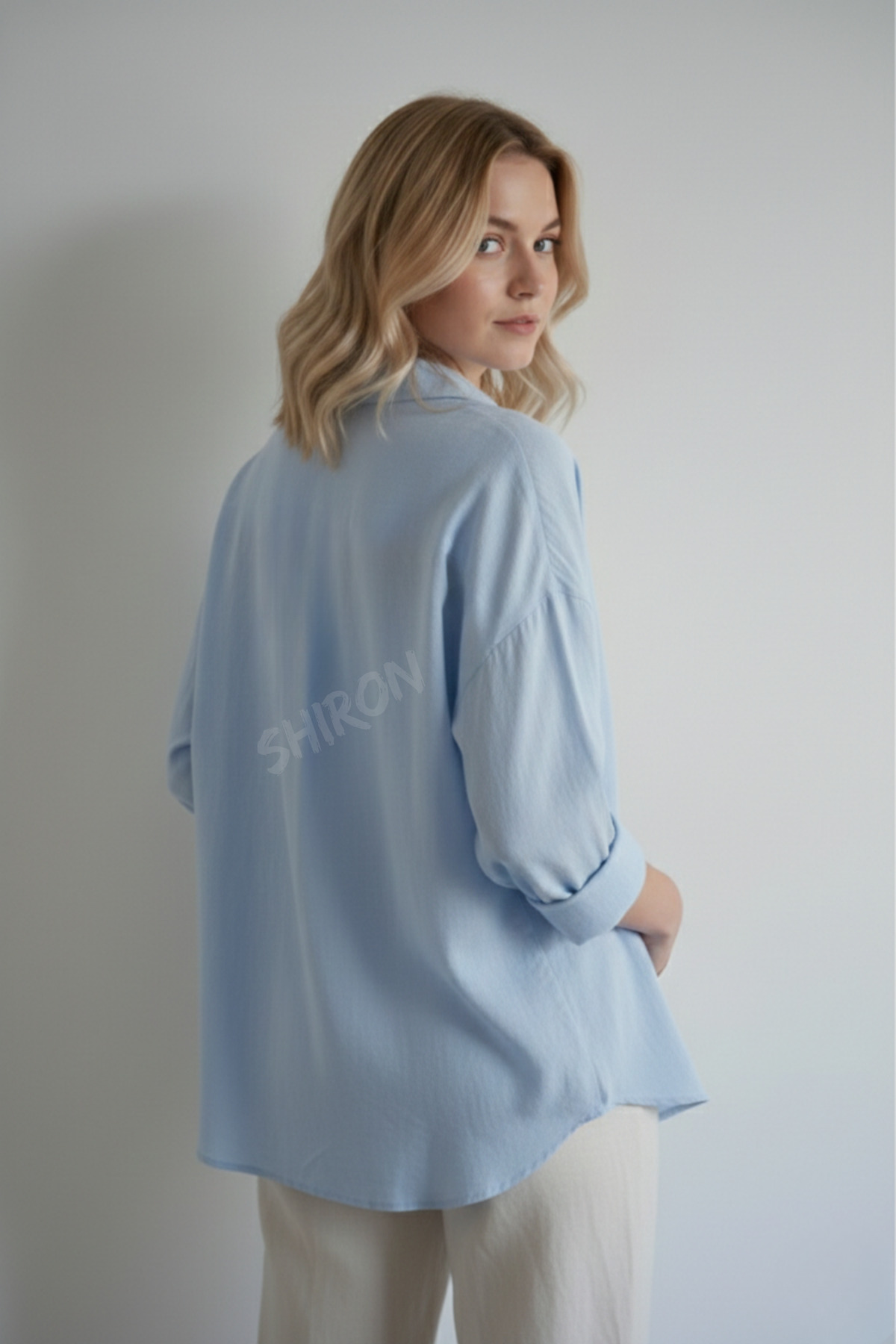 Shiron Sportswear&Company  Mavi Kadın Düşük Omuz Oversize Keten Cep Detaylı Gömlek %100 Pamuk - Görsel 5