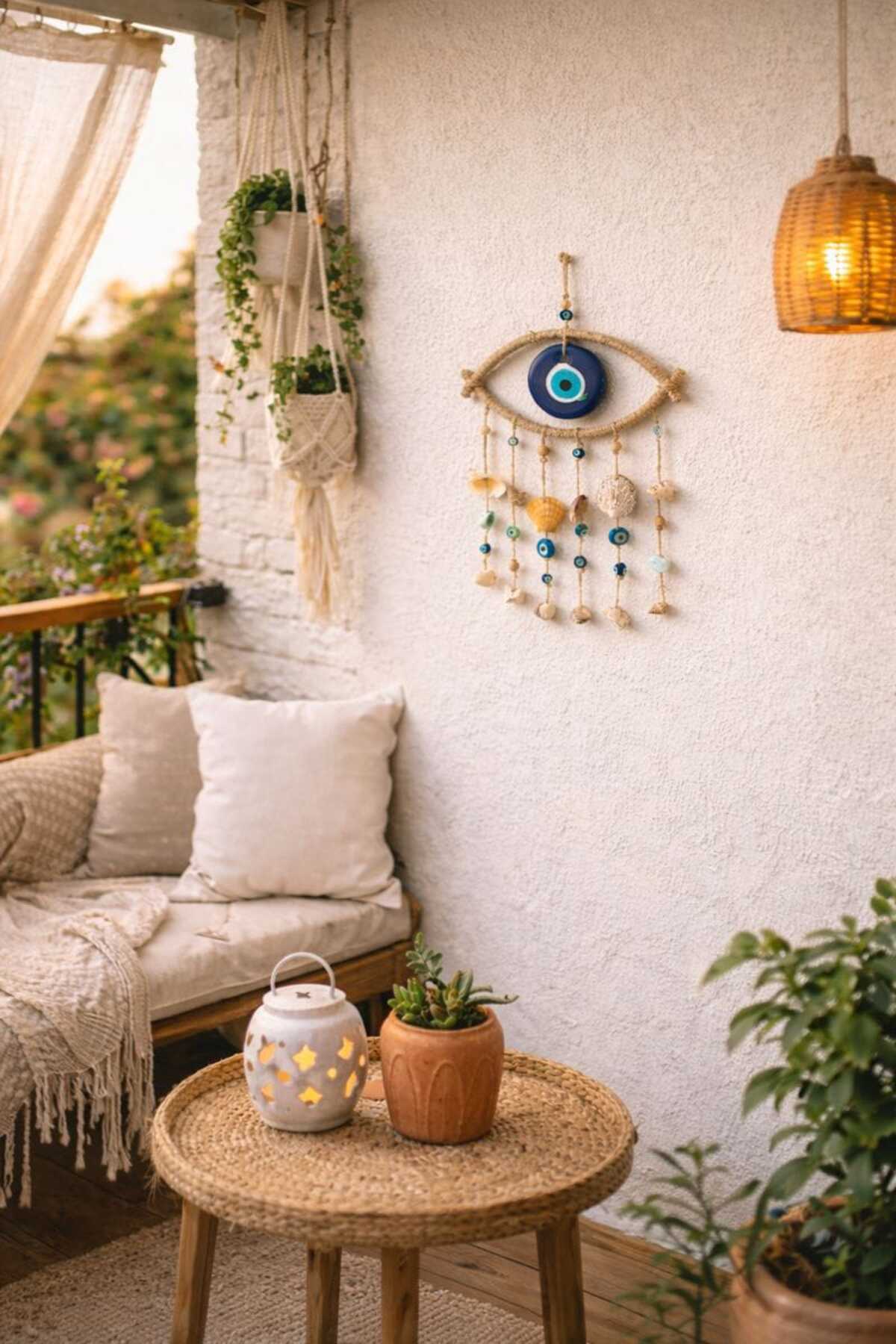 Evil Eye Beaded Wicker Shell Wall Ornament Wind Bell 11319