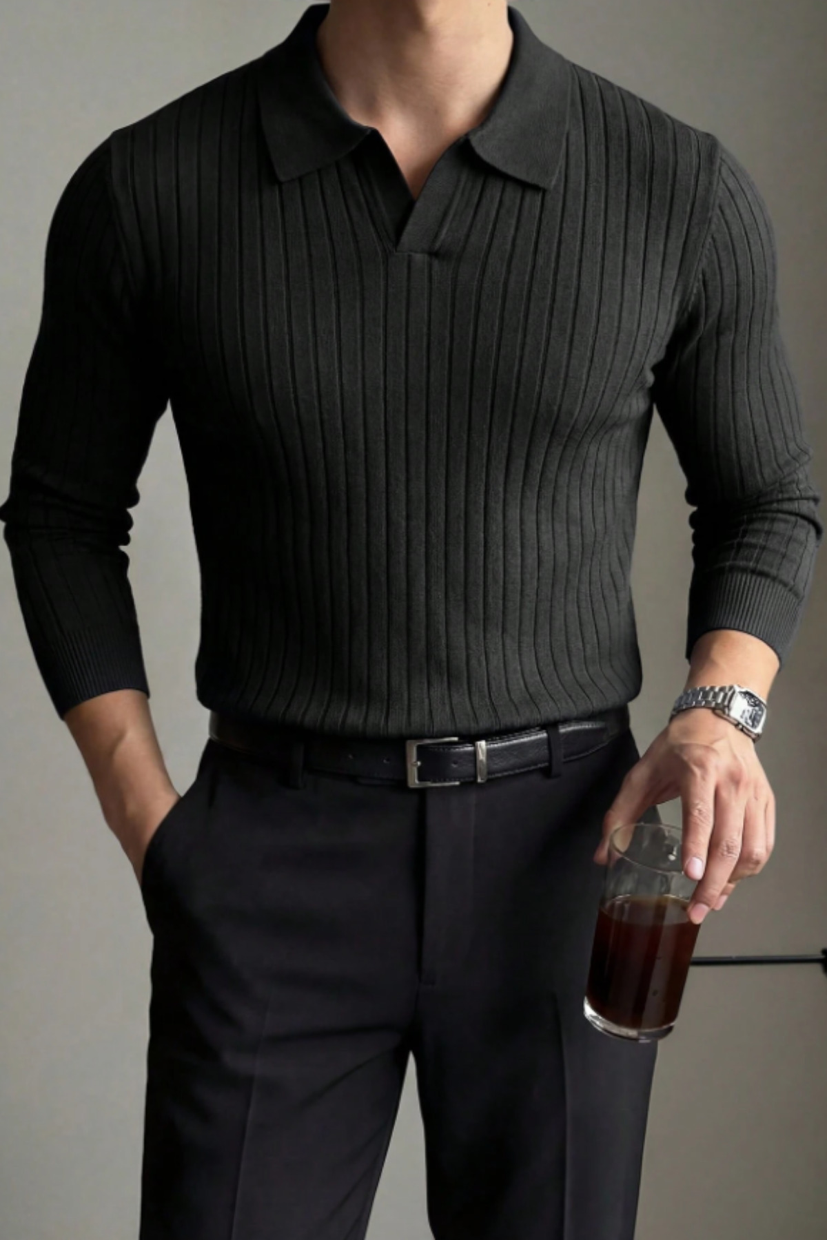 COOL TARZ  Siyah Erkek Polo Yaka Fitilli Triko Kazak