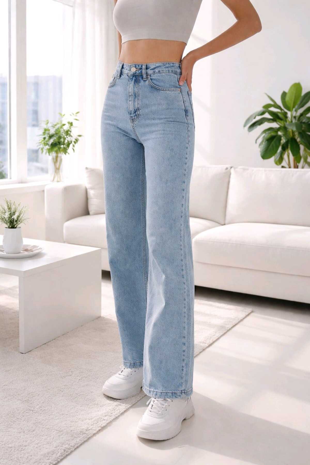 Ramrod  Julia 90's Kar Yıkama Mavi Likralı Süper Yüksek Bel Salaş Jeans Palazzo Pantolon