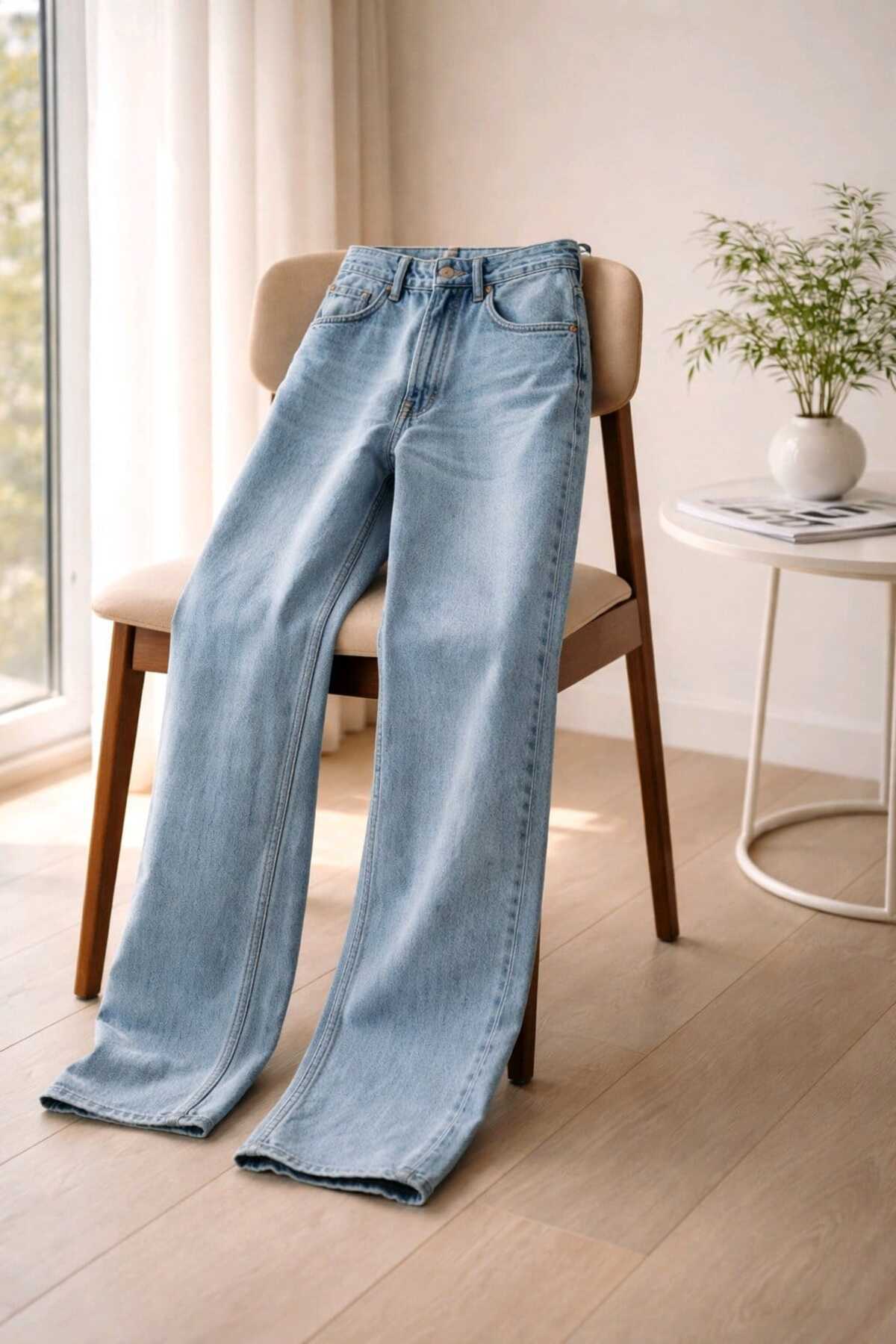 Ramrod  Julia 90's Kar Yıkama Mavi Likralı Süper Yüksek Bel Salaş Jeans Palazzo Pantolon - Görsel 6
