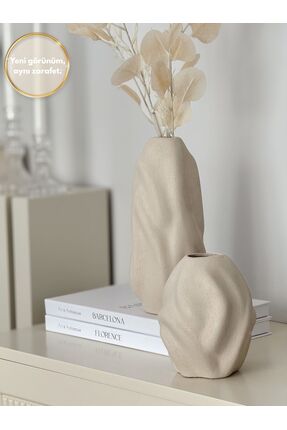 AYSA HOME DECOR More Seramik Dokulu Bej 2'li Vazo Seti (28 x 18 cm)