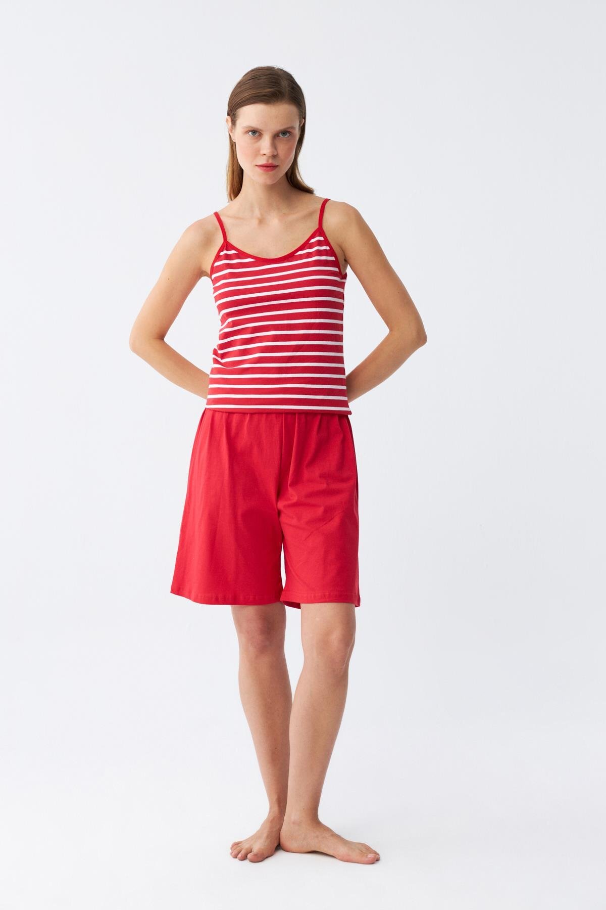 Women's Cotton Combed Cotton Shorts Set with Rope Strap Red 3634
