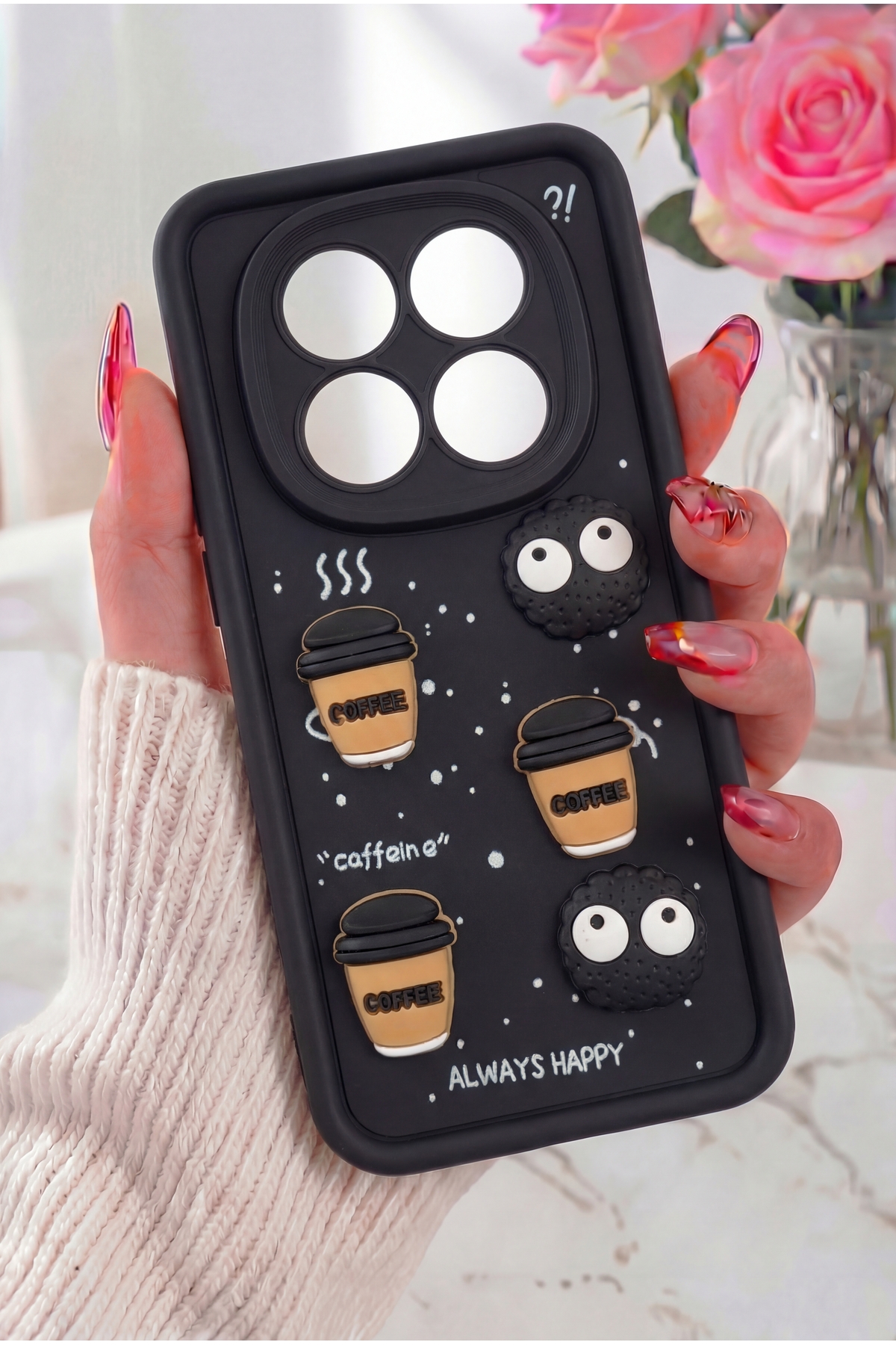 Redmi Note 14 Pro 4G/5G Case Camera Protected Black Soft Silicone Cover with Coffee Cookie Figure