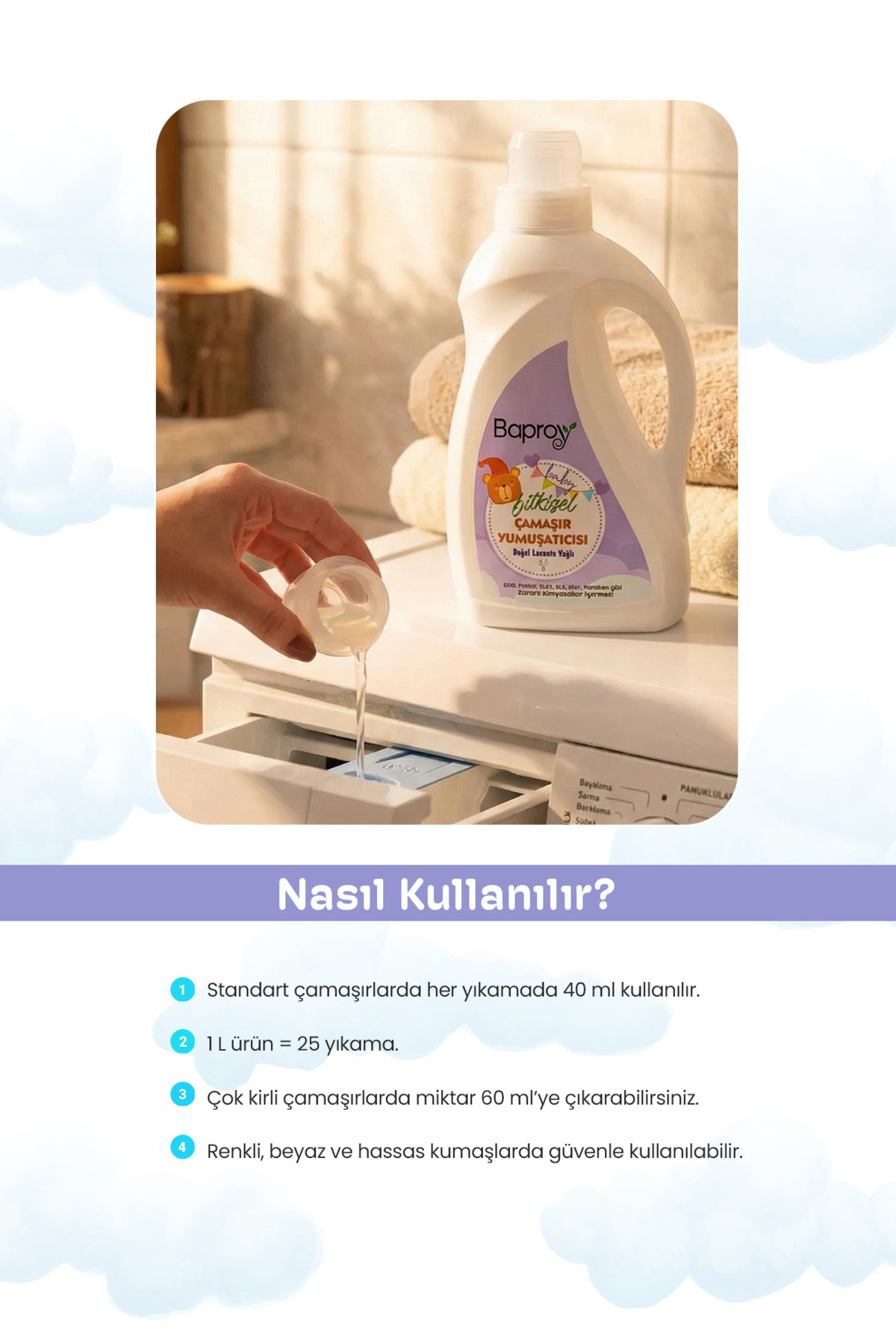 Baproy Bebekler Için Bitkisel Çamaşır Yumuşatıcısı Doğal Lavanta Yağlı 1 Litre fotoğrafı 4 (önizleme)