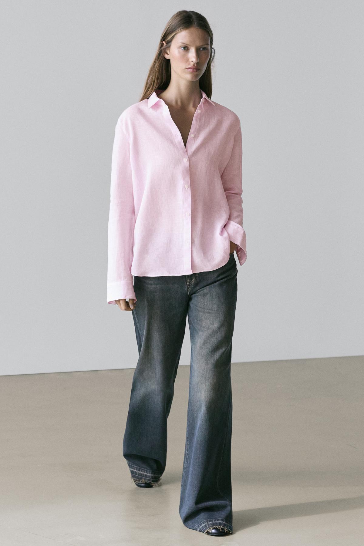 Massimo Dutti  Dökümlü %100 keten çizgi desenli gömlek - Görsel 3