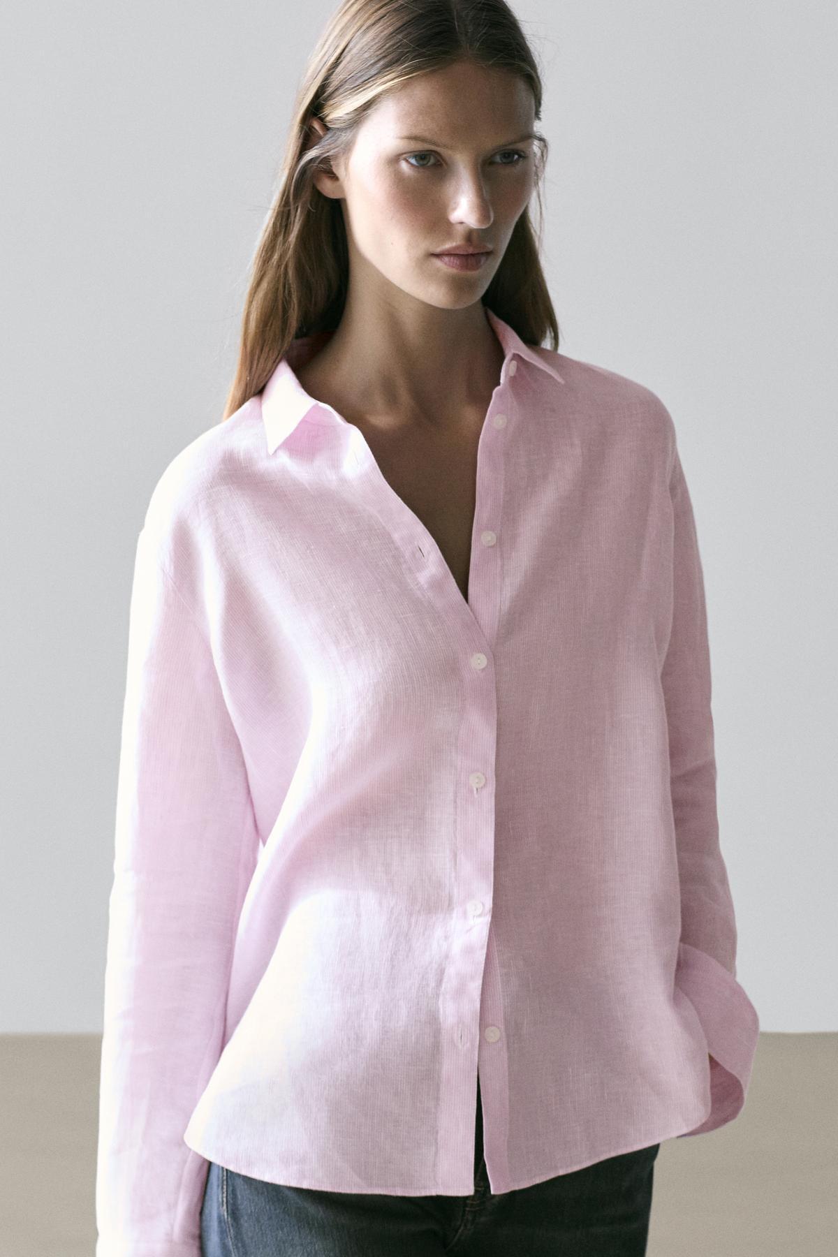 Massimo Dutti  Dökümlü %100 keten çizgi desenli gömlek - Görsel 2