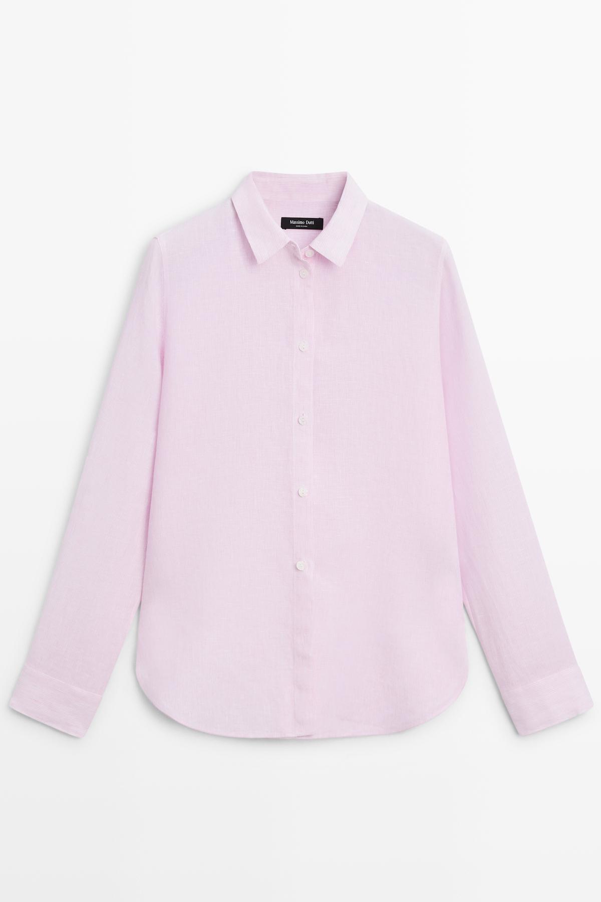 Massimo Dutti  Dökümlü %100 keten çizgi desenli gömlek - Görsel 5