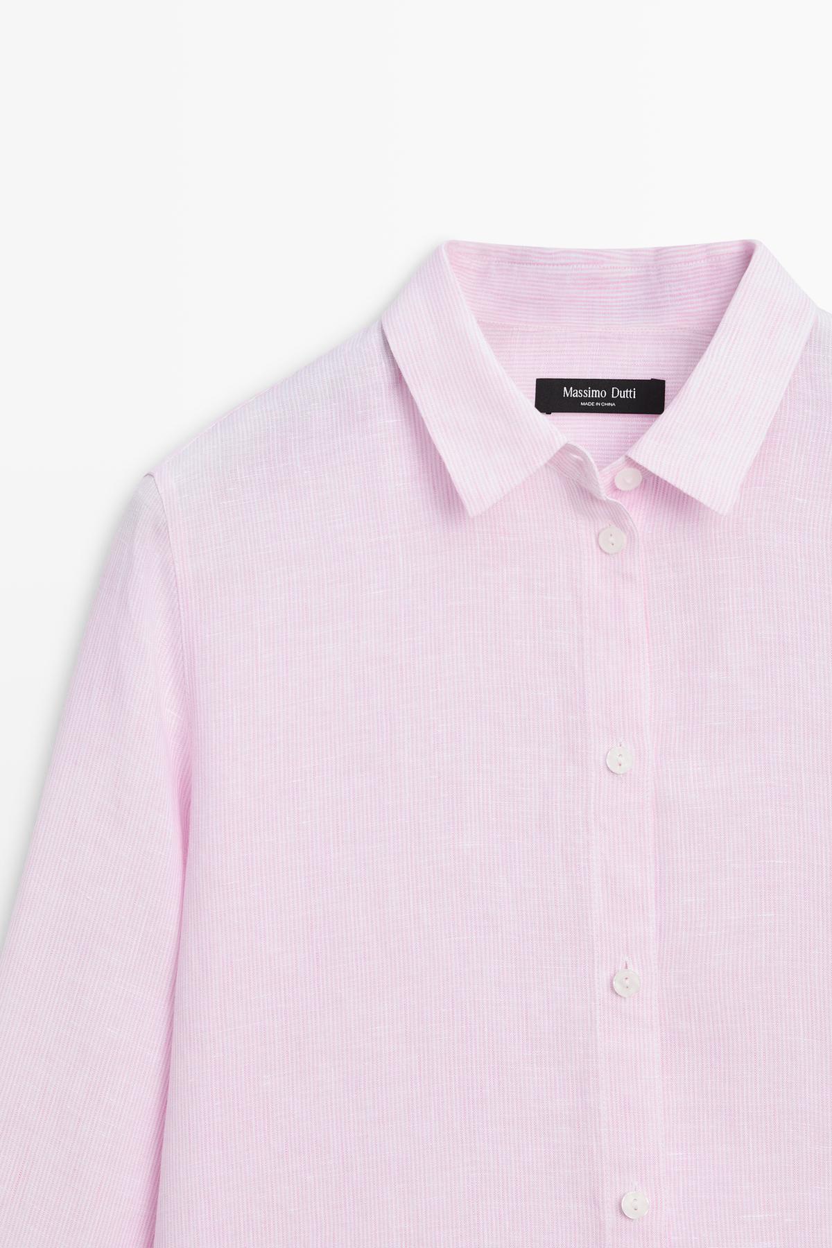 Massimo Dutti  Dökümlü %100 keten çizgi desenli gömlek - Görsel 6