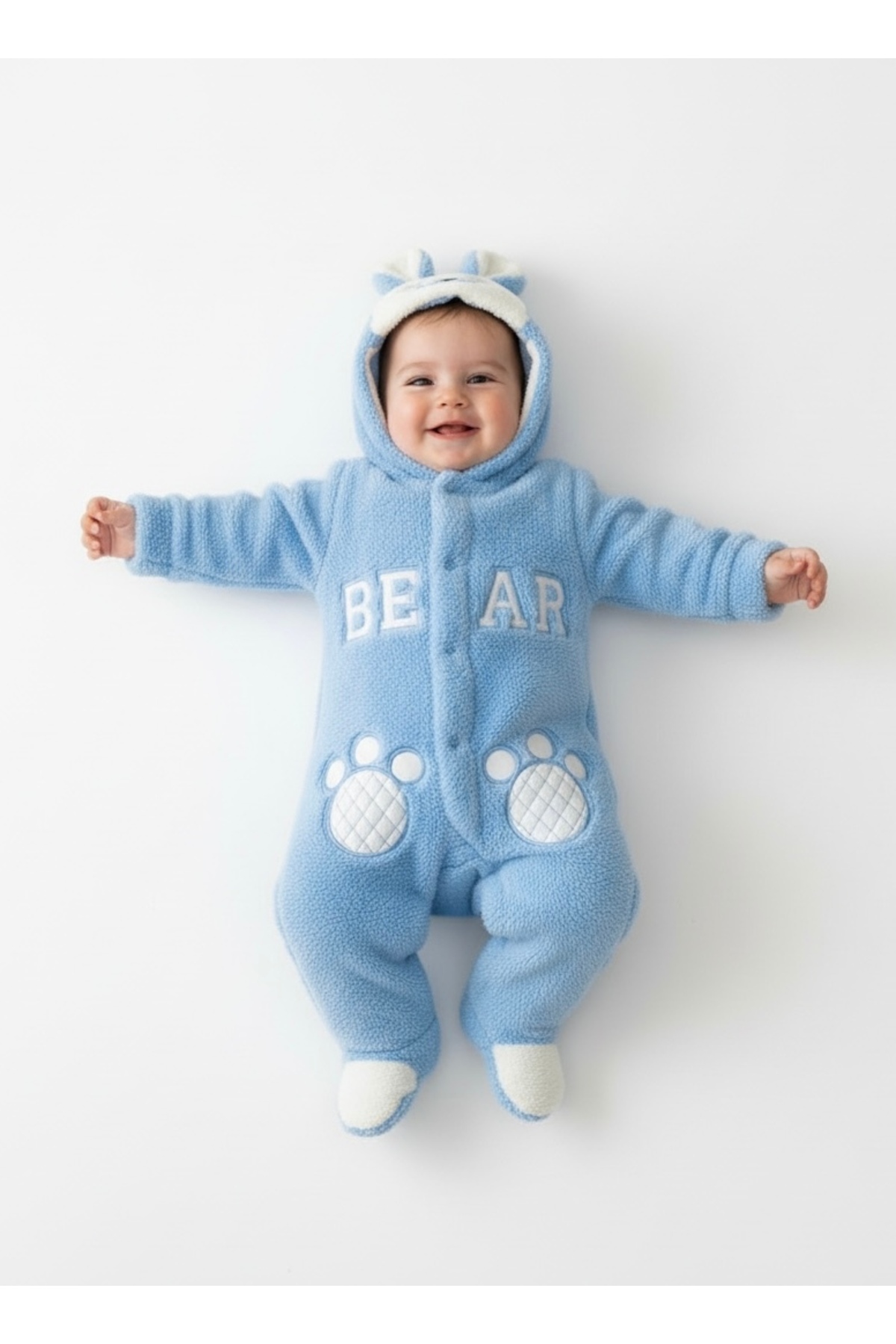 Bebemio Boutique Peluş Ayıcıklı Bebek Tulumu Kışlık Takım Kapşonlu Welsoft Ayı Nakışlı Kulak Ve Ponpon Detaylı fotoğrafı 2 (önizleme)