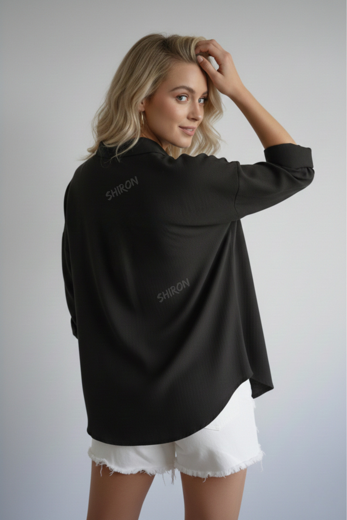Shiron Sportswear&Company  Kadın Siyah Oversize Keten Gömlek %100 Pamuk - Görsel 4