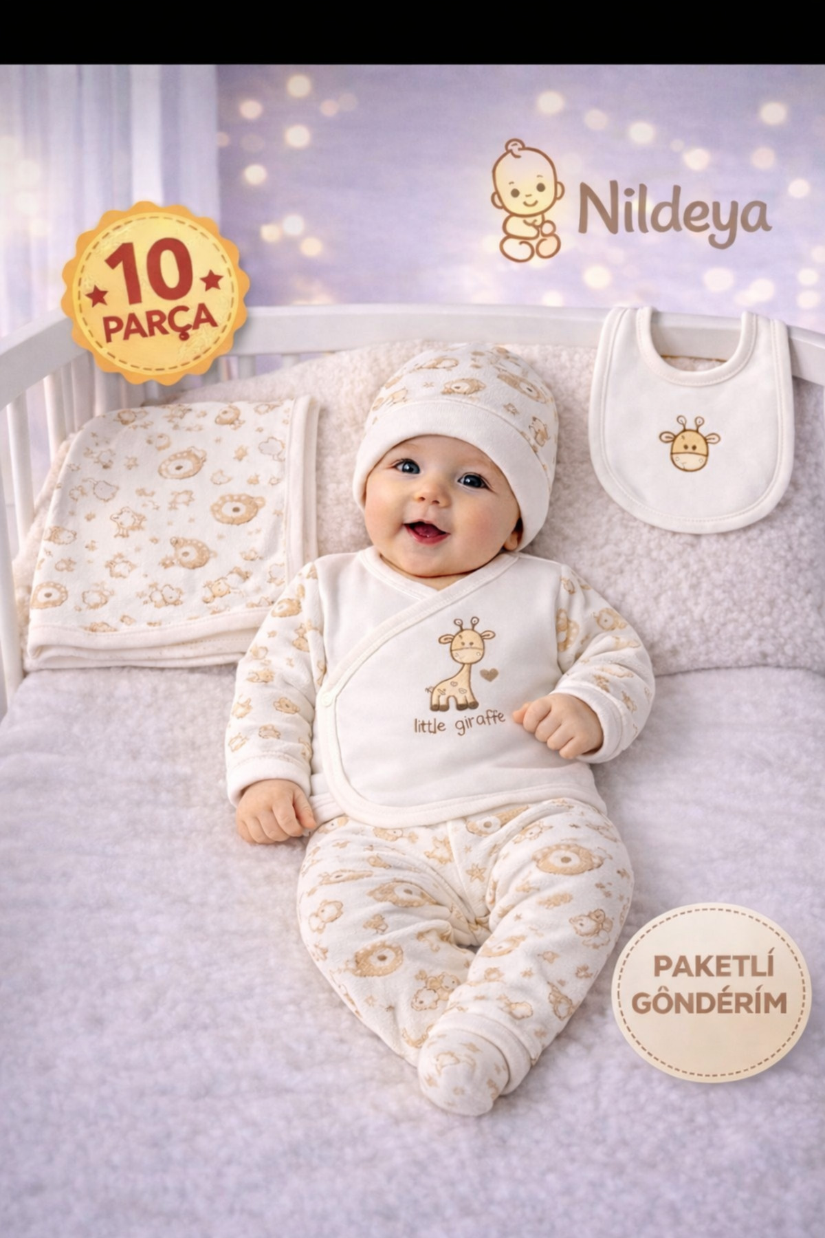 Petino Yenidoğan Unisex Zürafalı Bebek Hastane Çıkış Seti 10 Parça – Bej fotoğrafı 3 (önizleme)