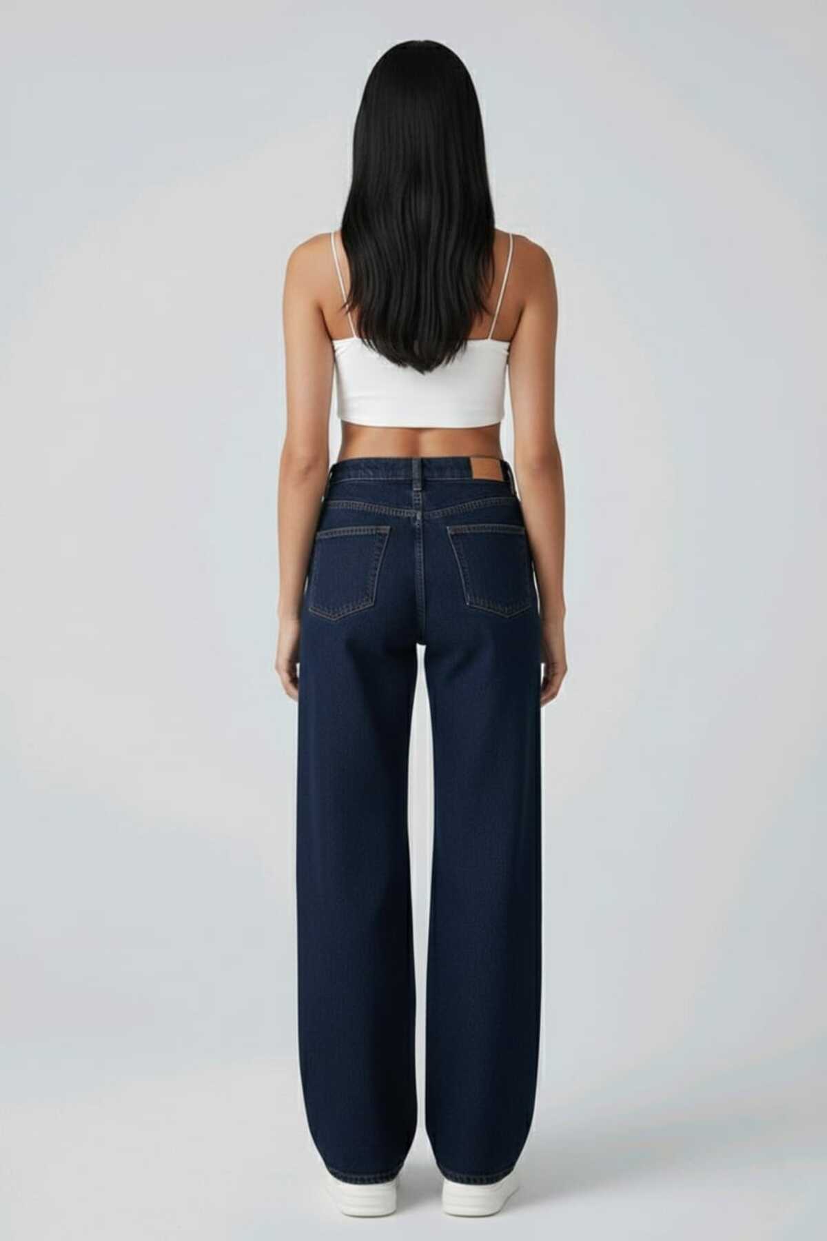 TRENDNATUREL Camelia Gold Ikon 90's Lacivert Siyah Likralı Süper Extra Yüksek Bel Palazzo Salaş Jean Pantolon görsel 8