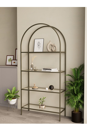 Dekoport 4 Raflı Camlı Kitaplık Prinç Eskitme Rengi Ayak Temperli Şeffaf Cam
