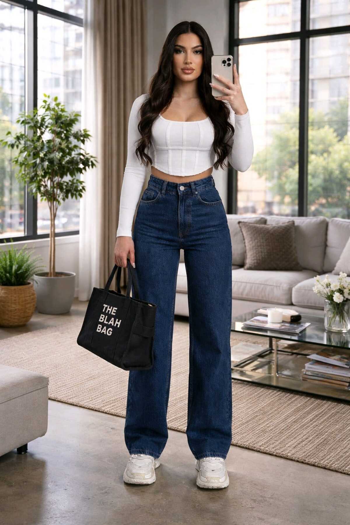 Ramrod  Cristina Kadın Koyu Mavi Likralı Süper Yüksek Bel Salaş Jeans Palazzo Pantolon Wide Leg - Görsel 5