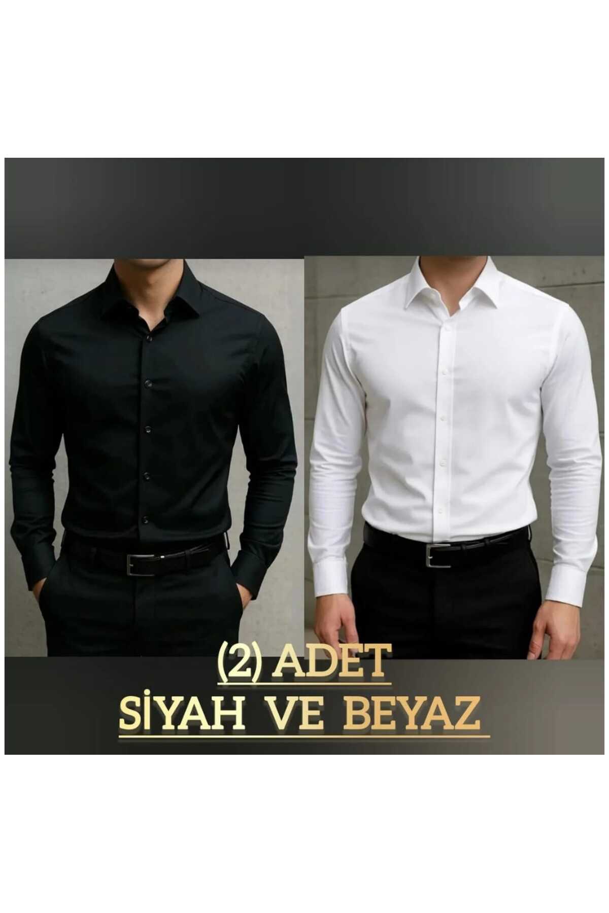 Slim Fit Dar Kesim Düz Sert Yaka Uzun Kollu Kolay Ütü  Dört Mevsim beyaz ve siyah [2 adet]  Gömlek — سفید 1100