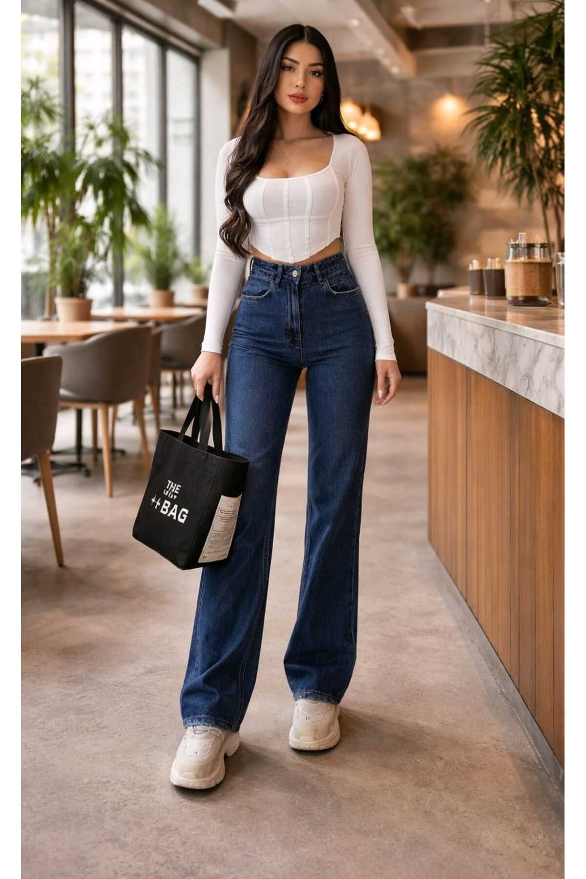 Ramrod  Cristina Kadın Koyu Mavi Likralı Süper Yüksek Bel Salaş Jeans Palazzo Pantolon Wide Leg - Görsel 4